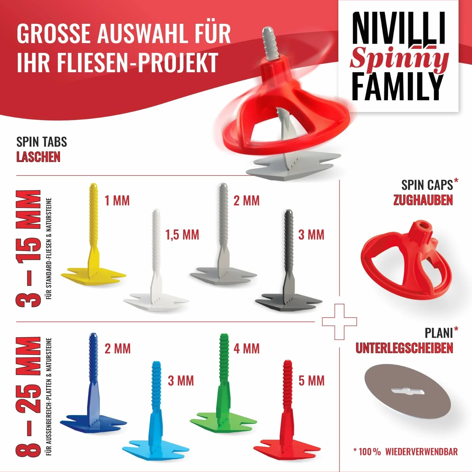 SPINNY - Sistema di livellamento 100x SPINNY Caps cofani di trazione, ausilio alla posa, alette di trazione, alette filettate, utensile per piastrelle, ausilio alla posa di piastrelle