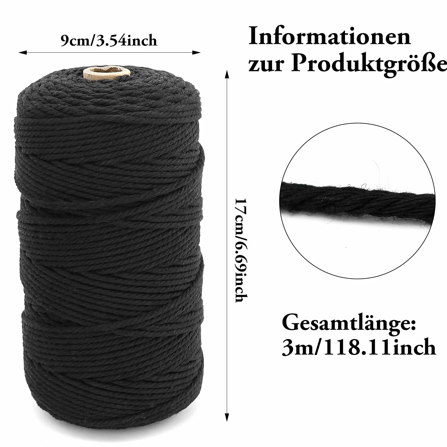 1 Rotolo Macrame Corda Cotone Nero,Corda Macrame 3mm x 200m Corda in Poliestere,Filo Macrame Natural Cordoncino,Corda Nero Macramè Filo,per decorazioni, applicazioni