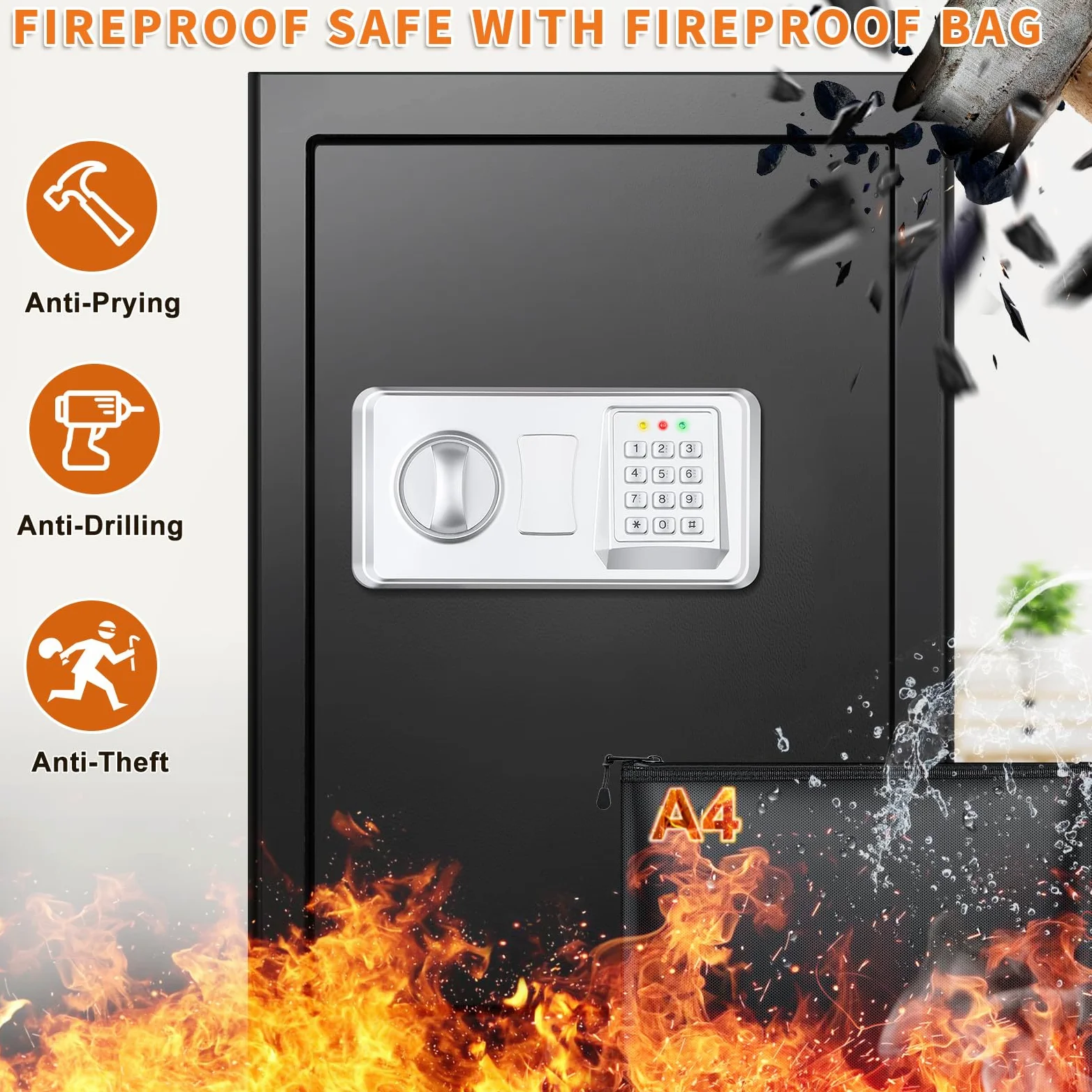 Mejasg Cassaforte ignifuga con custodia per documenti ignifuga e 2 ripiani rimovibili, 75 l, cassaforte per mobili, grande con sistema di allarme, lettore digitale per casa, contanti, gioielli