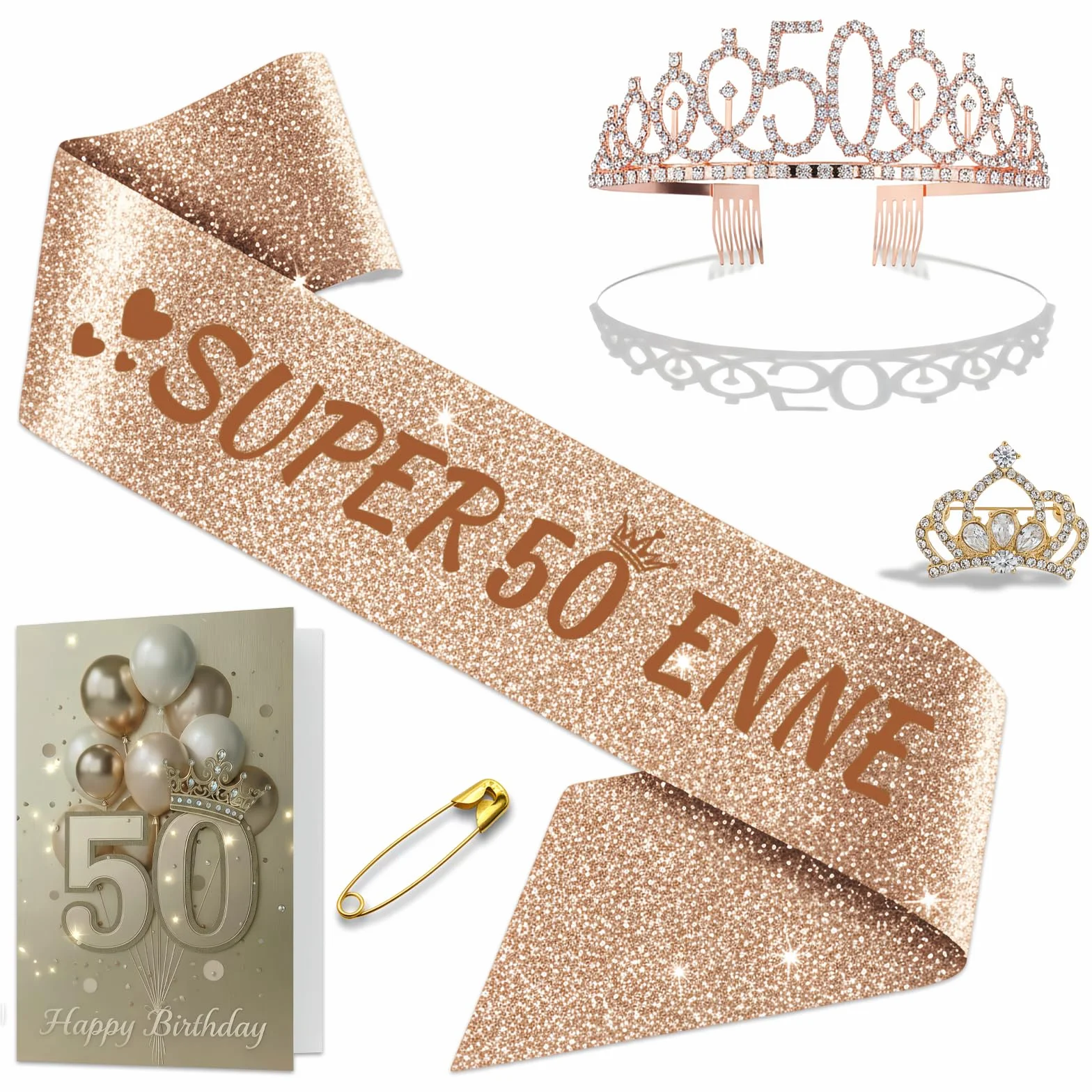 NEONSKY Fascia Compleanno Donna con Corona e Spilla Mini Corona, Set Regalo Elegante per 18 21 30 40 50 60 70 80 Anni, Include Fascia Personalizzata, Corona, Biglietto con Busta Kraft (50 anni)