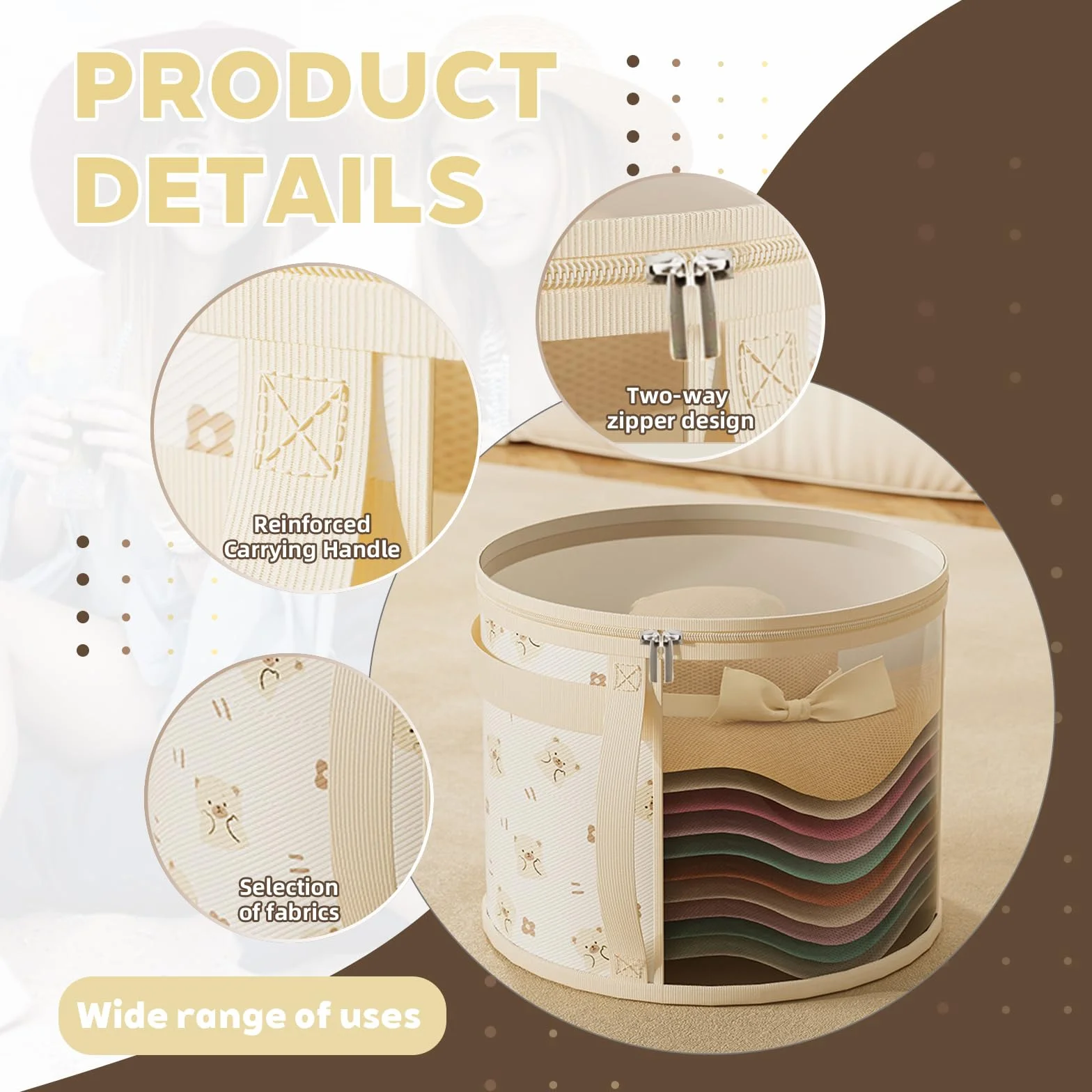 Cappelliera Rotonda con Coperchio, Scatole per Cappelliere Rotonde con Cerniera, Contenitore Per Cappelli Pieghevole, Porta Cappellini Grande per il Guardaroba o per il Viaggio, 2 Pezzi, Beige