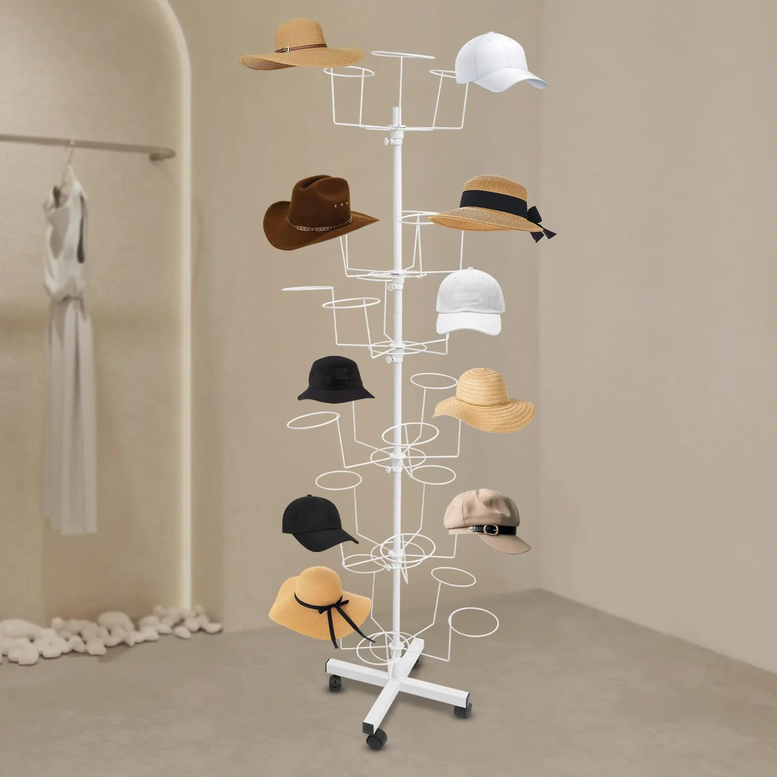 Supporto per cappelli, in metallo con ruote, girevole a 6 livelli, può ospitare cappelli a 30, ruote universali, movimento flessibile