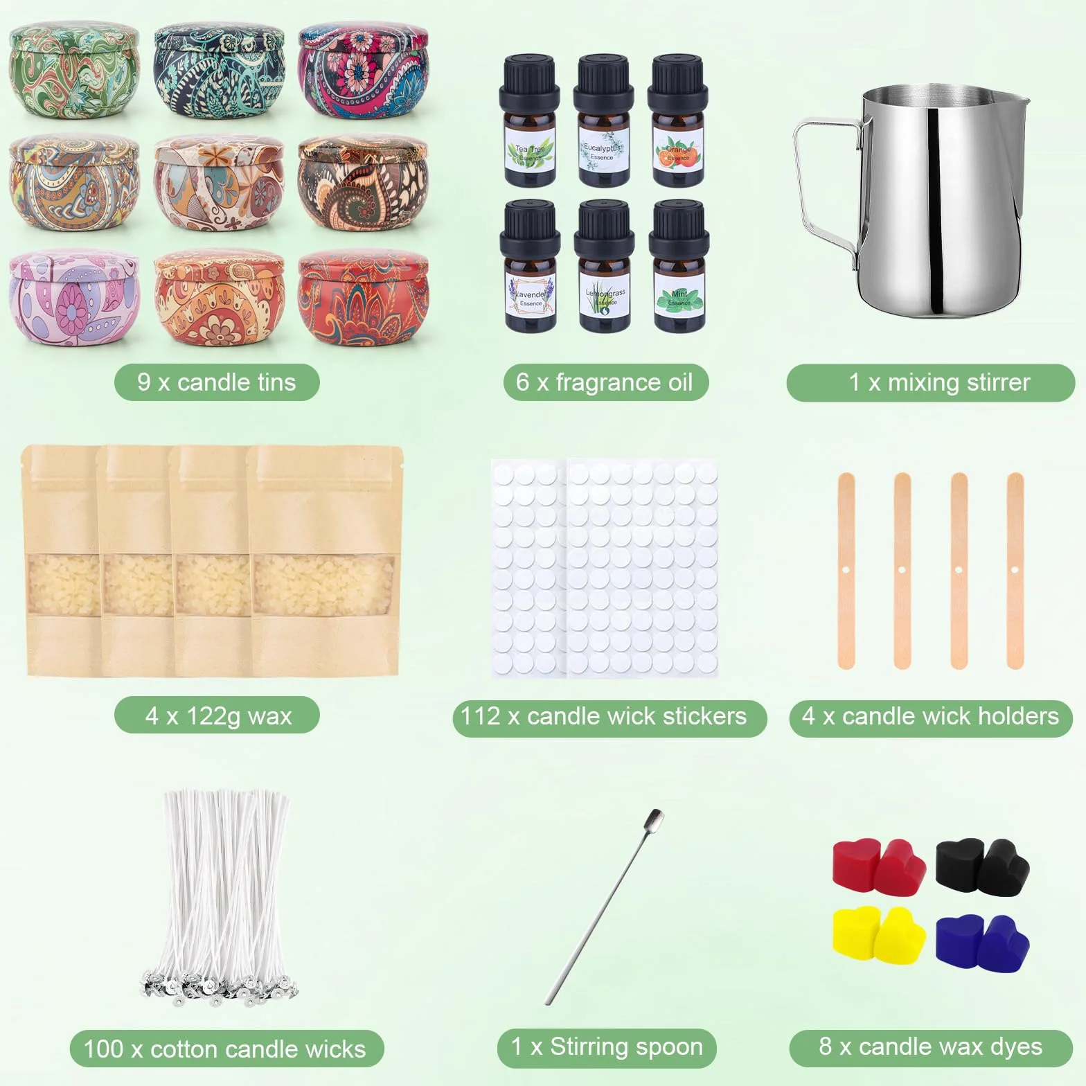 VICBAY Kit Candele Fai Da Te, Cera per Candele Fai Da Te, DIY Set Regalo per Candele, 480g Cera Soia, 9 Candele Barattoli, 6 Oli Profumati, 100 Stoppini, 112 Adesivi