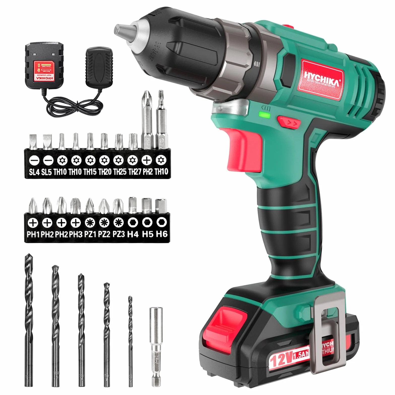 HYCHIKA Trapano Avvitatore Batteria 12V, Avvitatore a Batteria 30 Nm, 21+1 Impostazioni Di Coppia, 2 Velocità Regolabili, 26 Accessori, Luce LED, Adatto per il fai da te in casa e in giardino