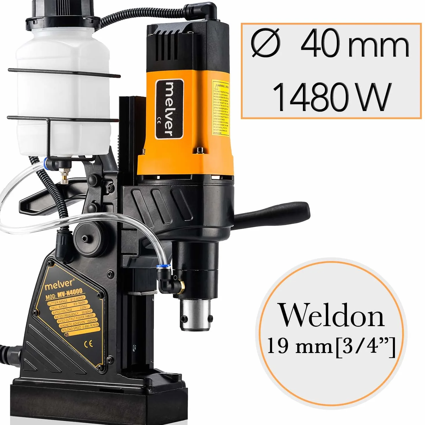 Trapano magnetico a nucleo, leggero, industriale, con Weldon e Borcope, mandrino Fi-40 mm/1480 W/10 kg/690 giri/min