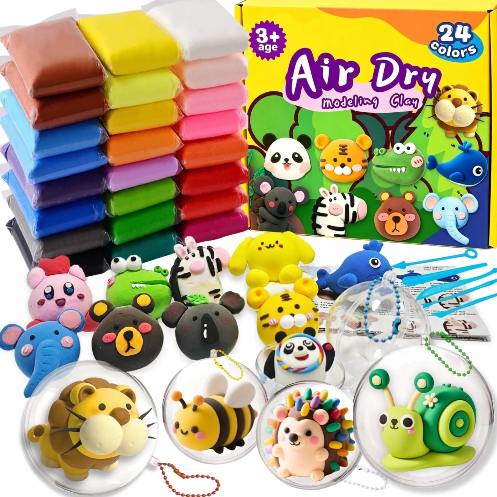 Kit di Argilla ad Asciugatura all'Aria, 24 Colori di Plastilina con 5 Strumenti, 4 Palline Riempibili, Catene a Sfere e Tutorial, Argilla da Modellare in Plastilina, Regalo Fai da Te per Ragazzi e
