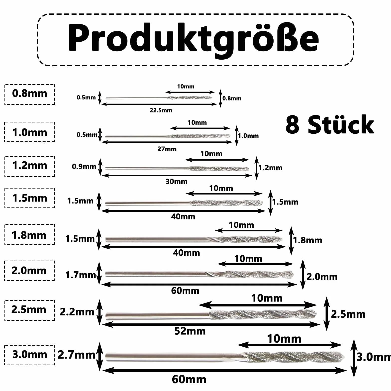 8 pezzi di punte diamantate, set di punte diamantate da 0,8 mm a 3,0 mm per vetro, metallo, conchiglie, giada, perle ecc