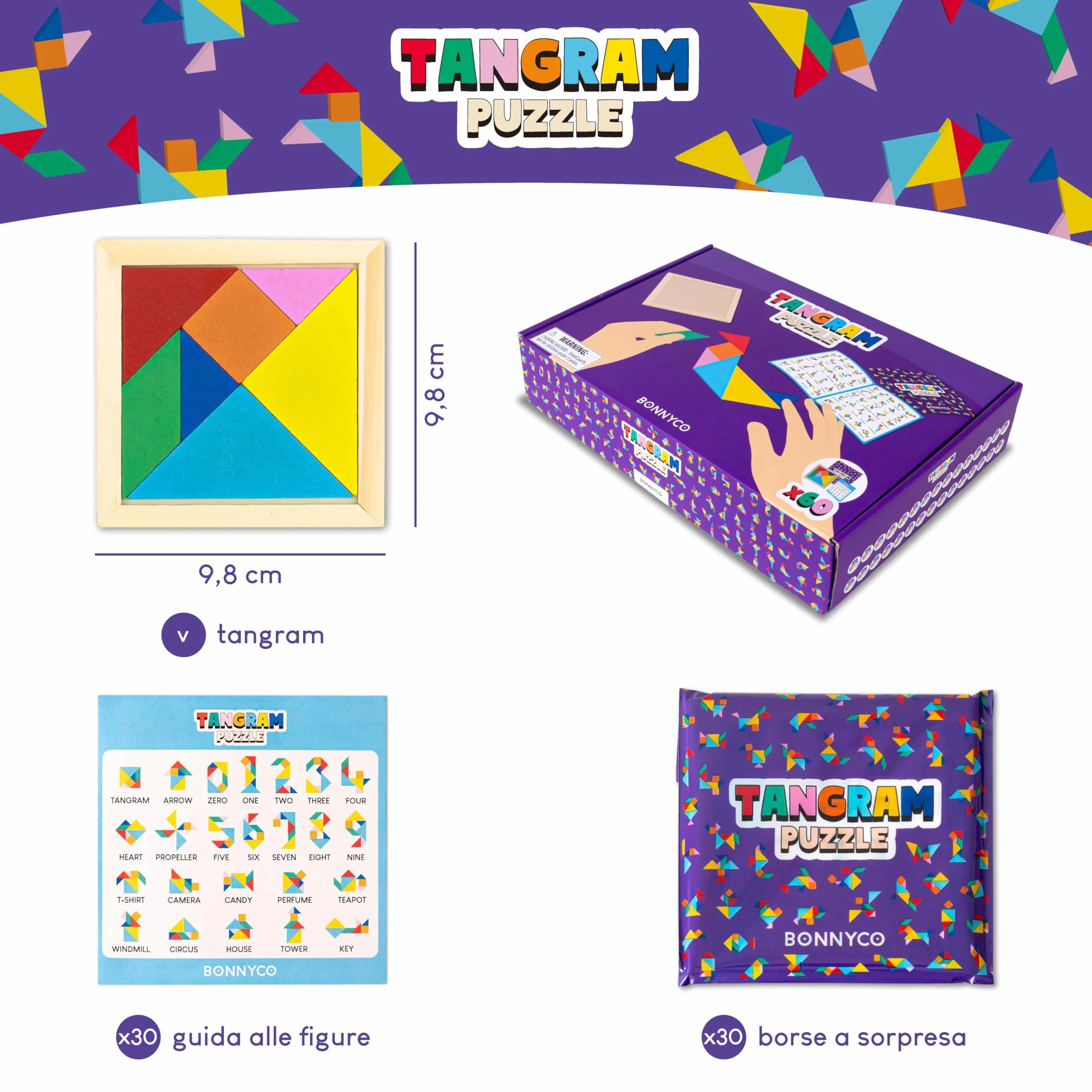 BONNYCO Tangram Legno Bambini Pack 30 Gadget Compleanno Bambini. Mini Giochi Regalini Fine Festa Compleanno, Regalino Fine Festa Invitati. Persierini Giochini per Feste, Mini Puzzle Gadget Scuola