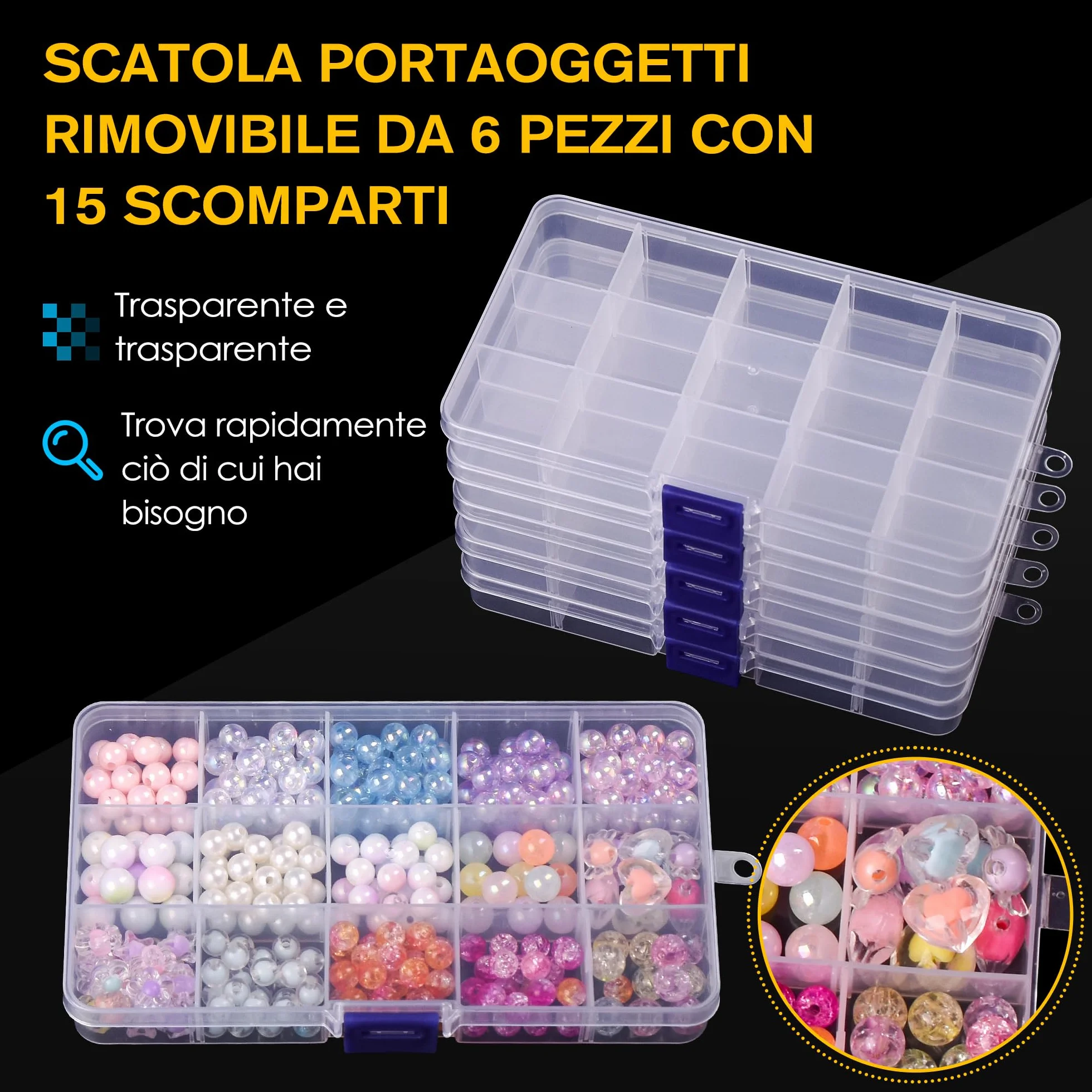 Scatole Portaoggetti 6 Pezzi 15 Scomparti Divisori Regolabili Mini Contenitori Plastica Conservazione