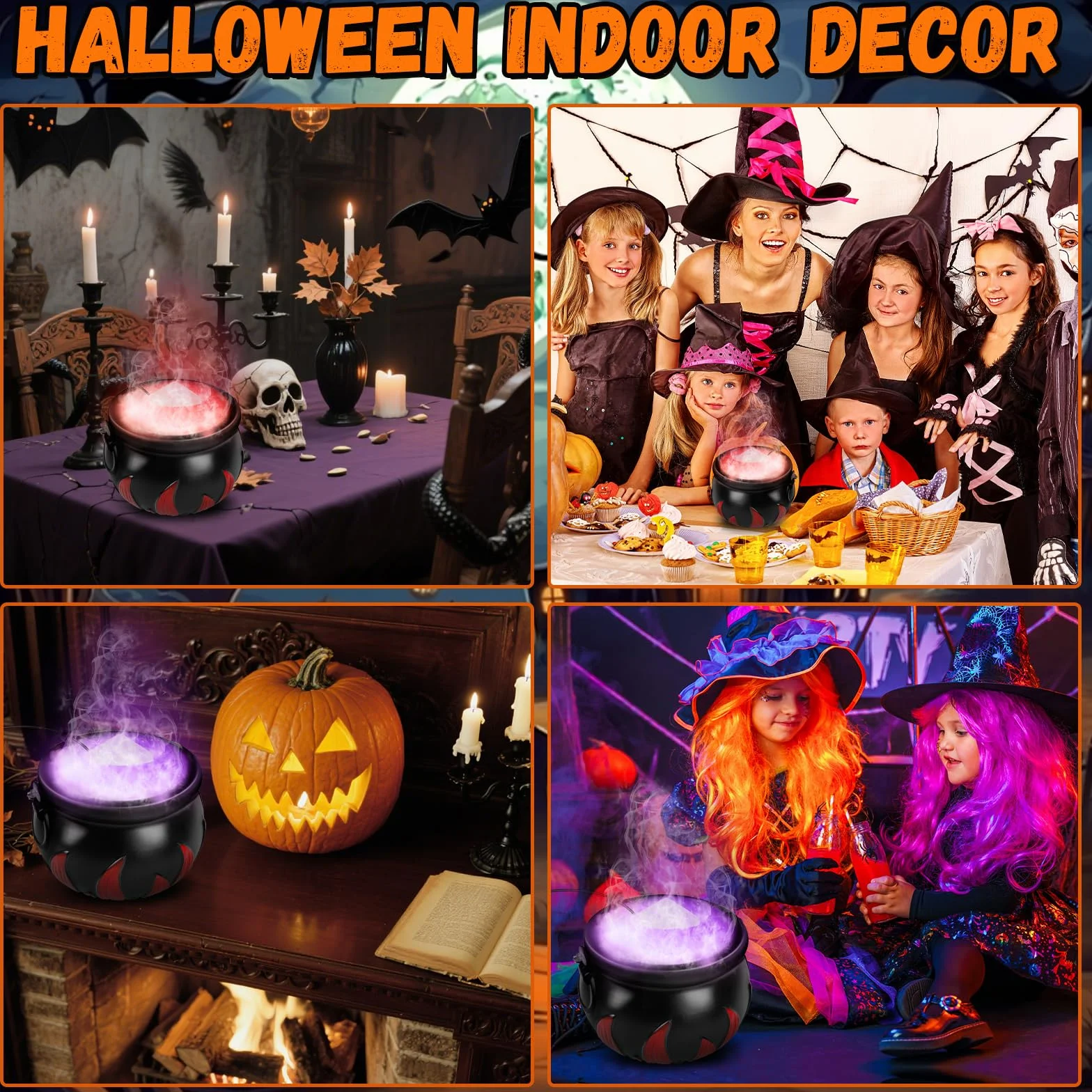 Calderone della Strega di Halloween con Creatore di Nebbia, 12 LED Cambia Colore, Fontana di Nebbia per Interni
