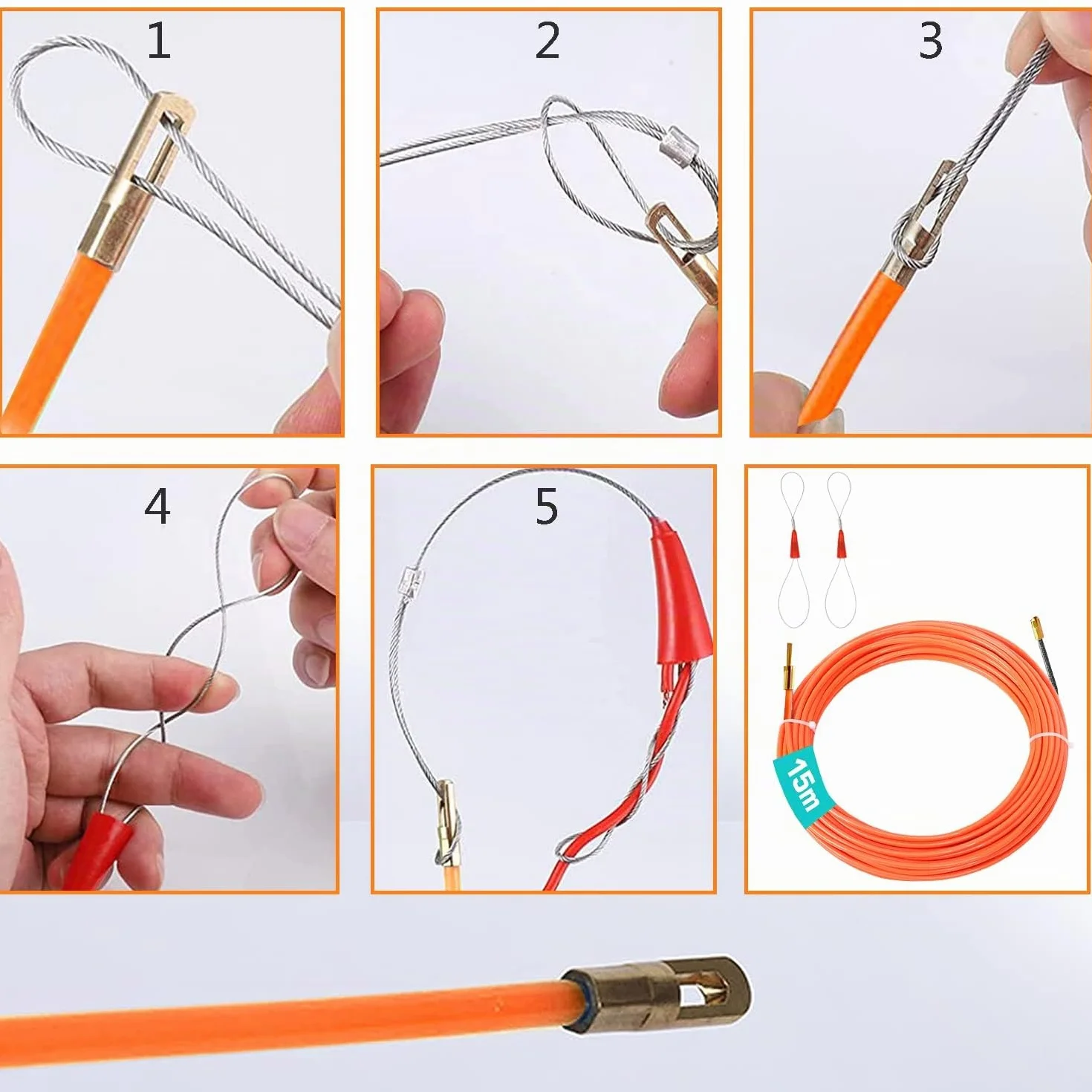CONNECTION Sonda Passacavi Sonda Elettricista Sonda Tiracavi di Poliestere 15m Sonda Tiracavi con 2 Molla di Guida Molla Elettricista 3mm Kit di Strumenti per l’installazione di Cavi