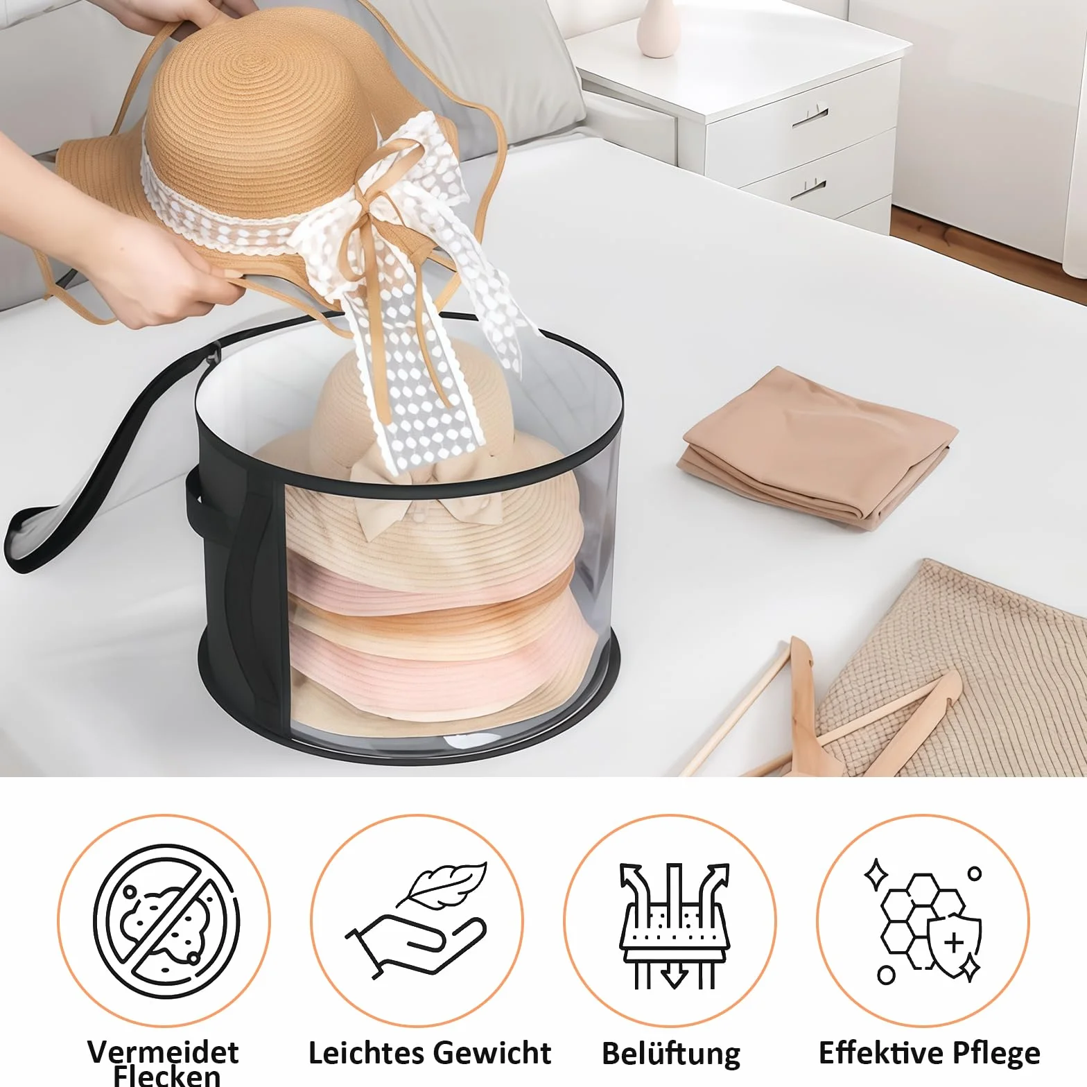 Scatola per cappelli rotonda con coperchio e finestra trasparente, valigia per cappelli con manico stabile
