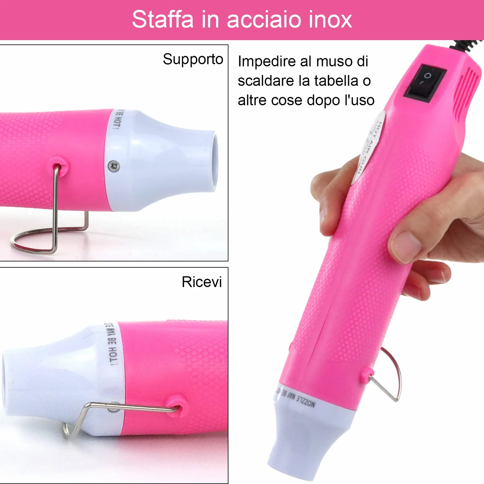 Pistola Termica,Pistola Aria Calda Professionale 300W,Pistola Termica Elettrica Portatile,per Goffratura Artigianale,Tubi Termorestringenti,Asciugatura Vernice,Argilla,Timbri in Gomma（Rosa）