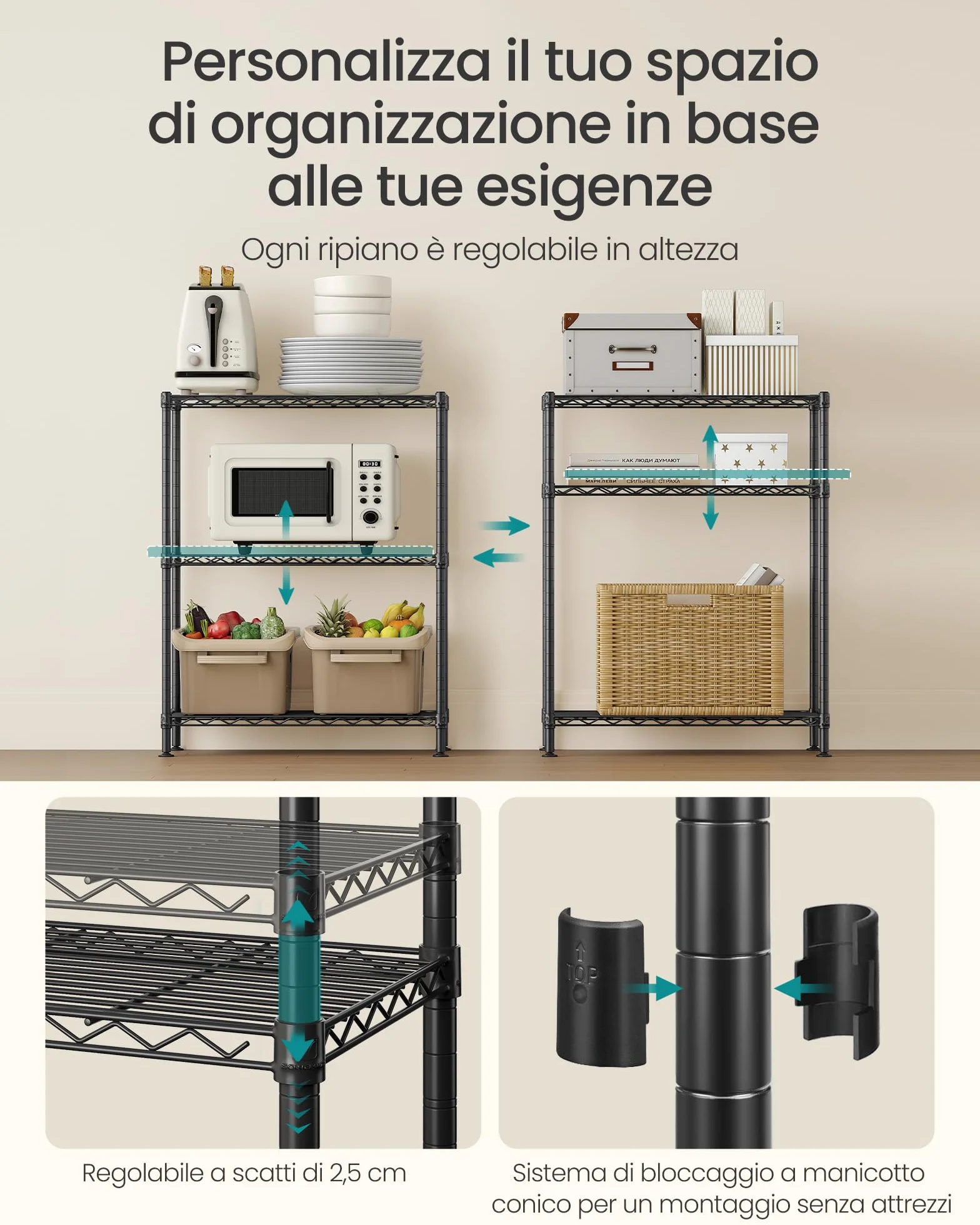 SONGMICS Scaffale Portaoggetti, Ripiani Regolabili, Scaffale di Stoccaggio, per Garage, Camera da Letto, Soggiorno, Cabina, Cucina, Dispensa, 3 Livelli, 30 x 60 x 77 cm, Nero Inchiostro LGR163BH01
