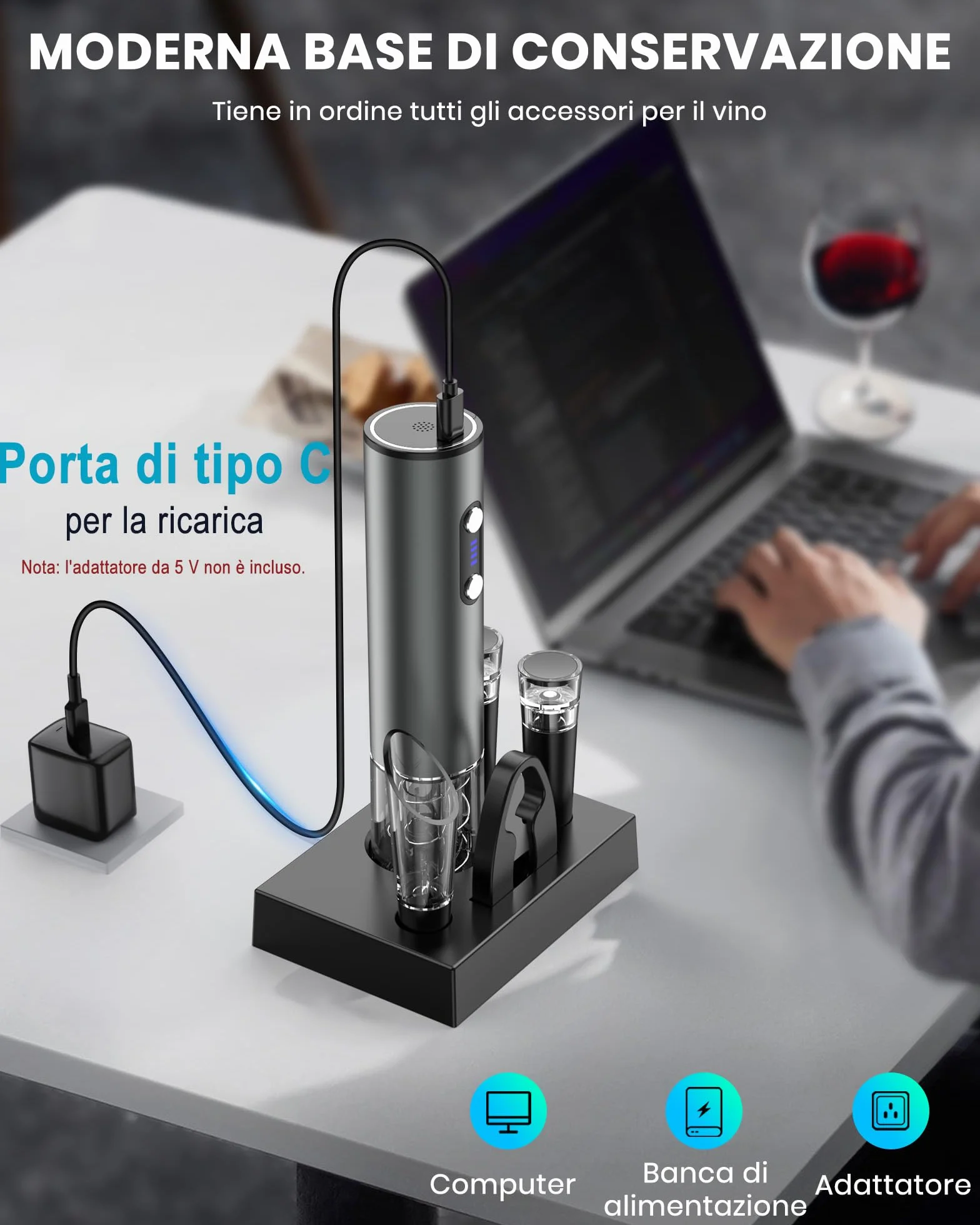 Cavatappi elettrico ricaricabile inox per vino, apribottiglie elettrico idee regalo uomo donna compleanno con aeratore vino, 2 tappi sottovuoto, taglierina per fogli di alluminio e cavo USB