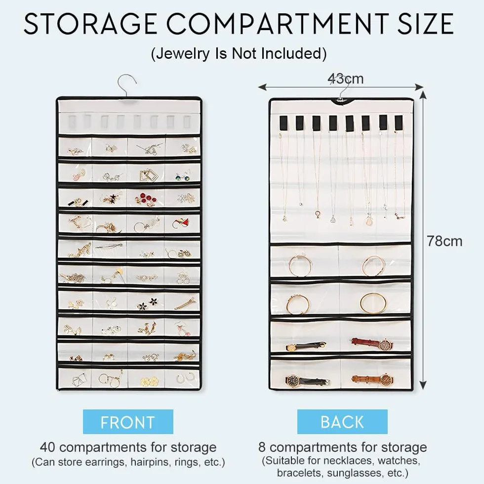 Hanging Jewelry Organizer 48 Scomparti Porta Gioielli da Appendere Armadio 43x78 cm Bianco
