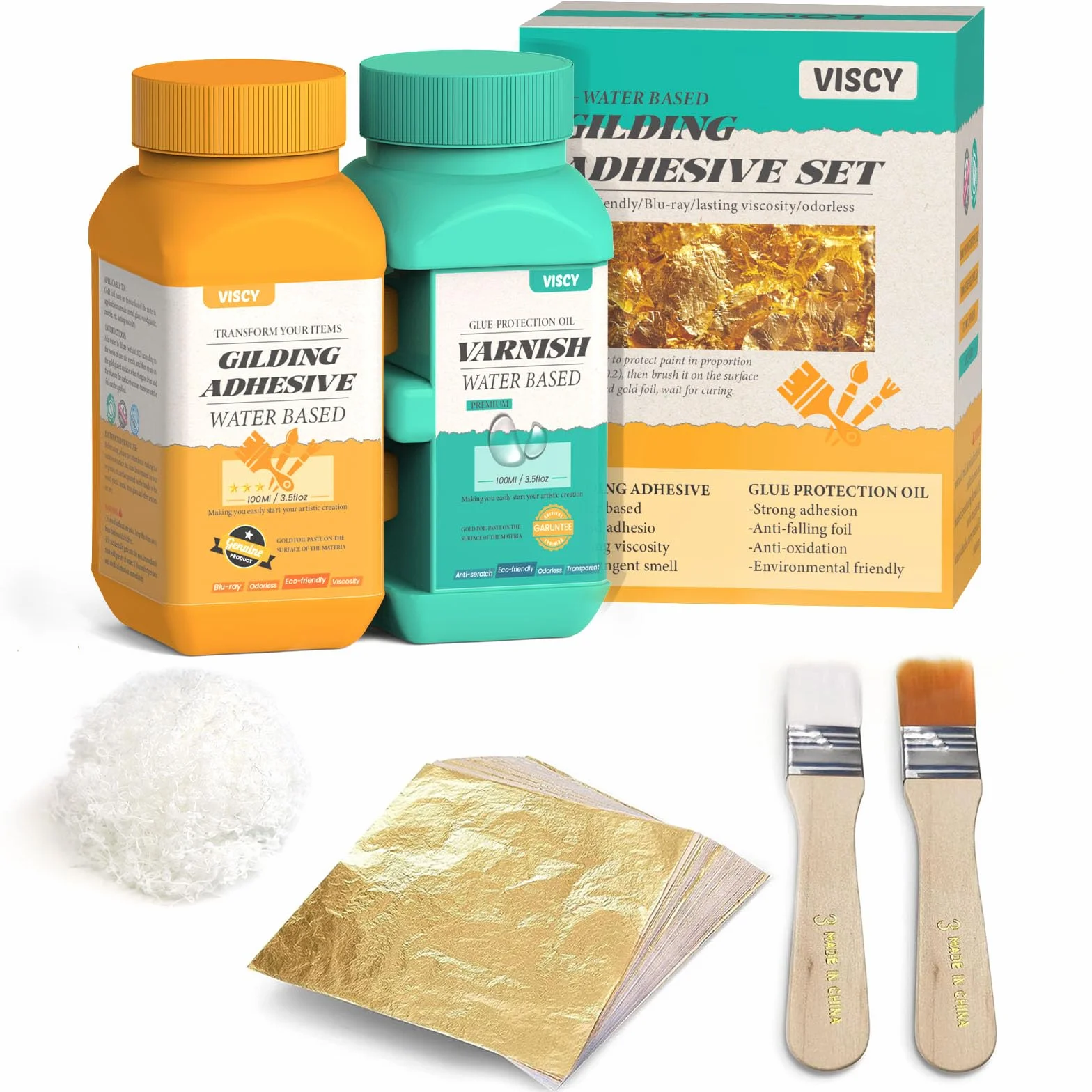 Adesivo per Foglia d'Oro, 100 ml di Colla, 100 ml di Vernice, 100 Pezzi di Foglia d'Oro, 2 Pennelli, Cotone per Pulire, per Arte, Artigianato e Pittura