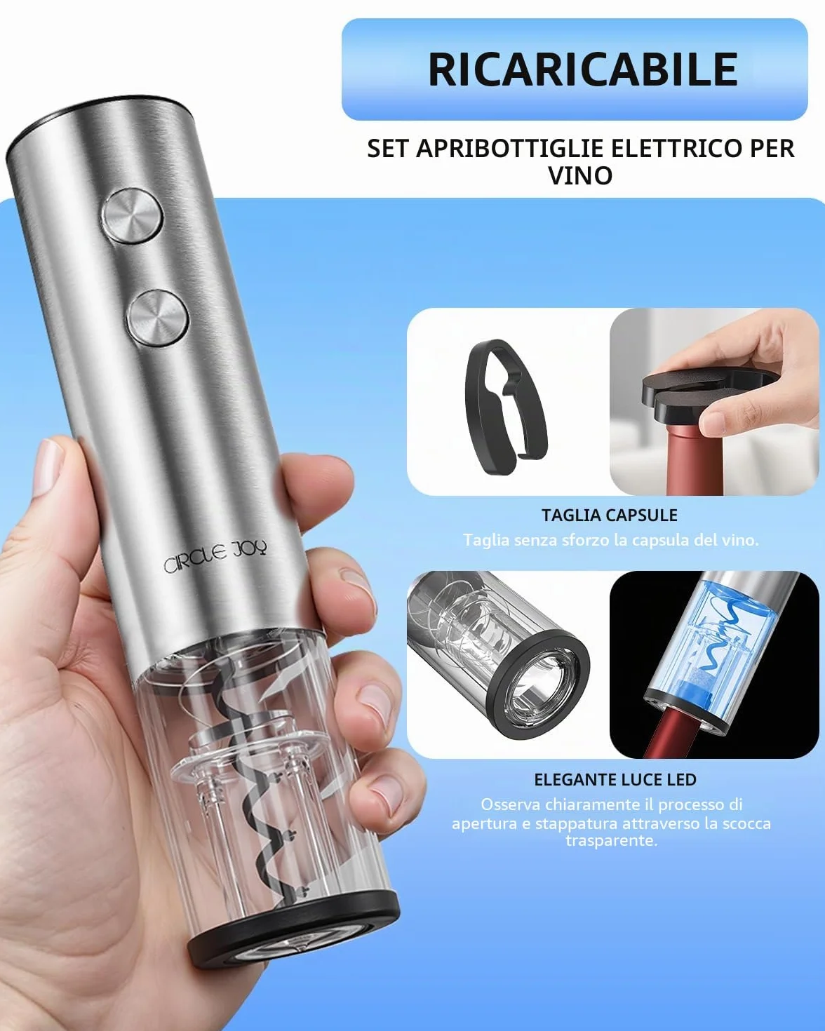 CIRCLE JOY Cavatappi elettrico con taglierina per capsula, apribottiglie in acciaio inox ricaricabile USB per casa e feste