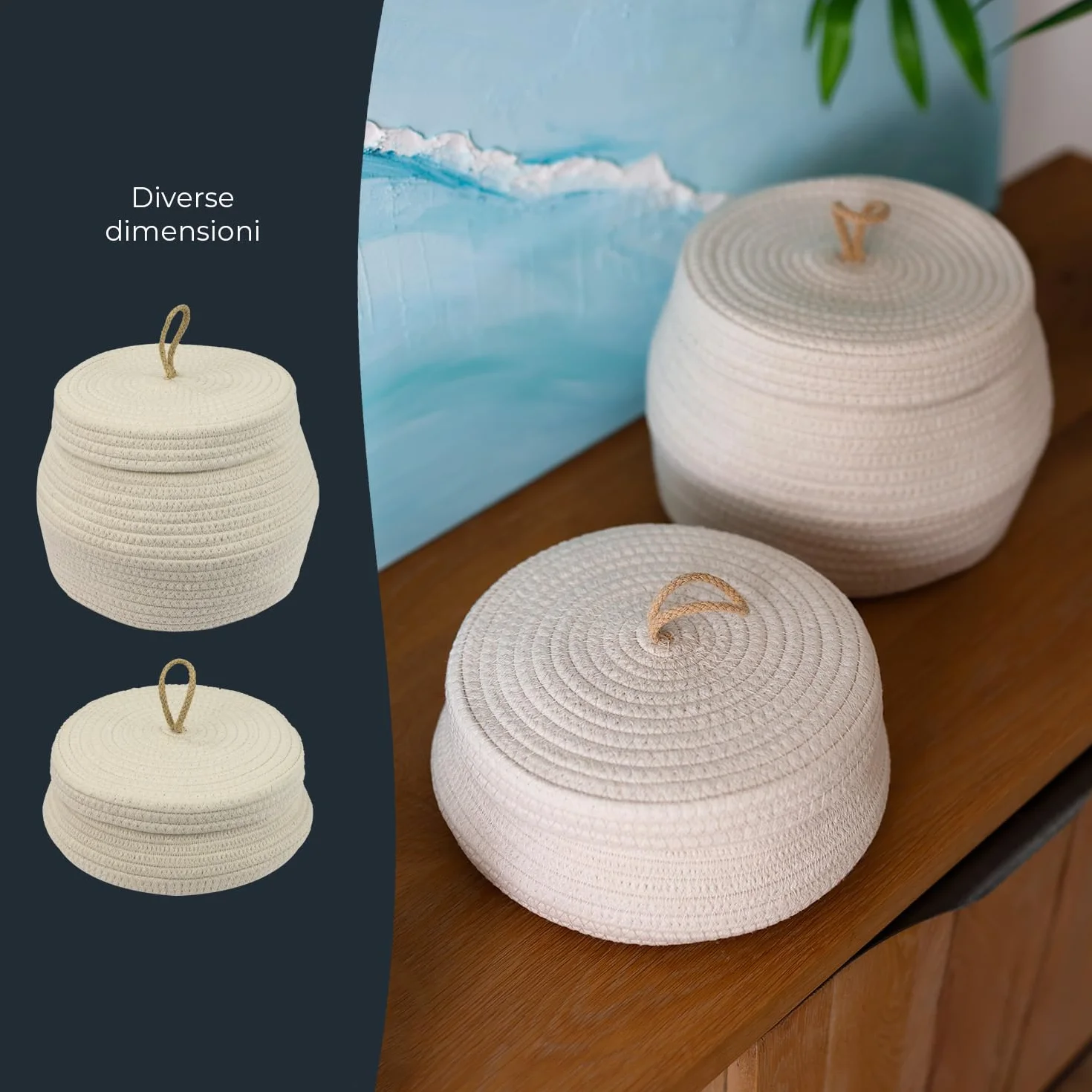 HMF Cesto portaoggetti rotondo per il bagno, con coperchio in cotone, altezza 25,5 x 19 cm, colore crema