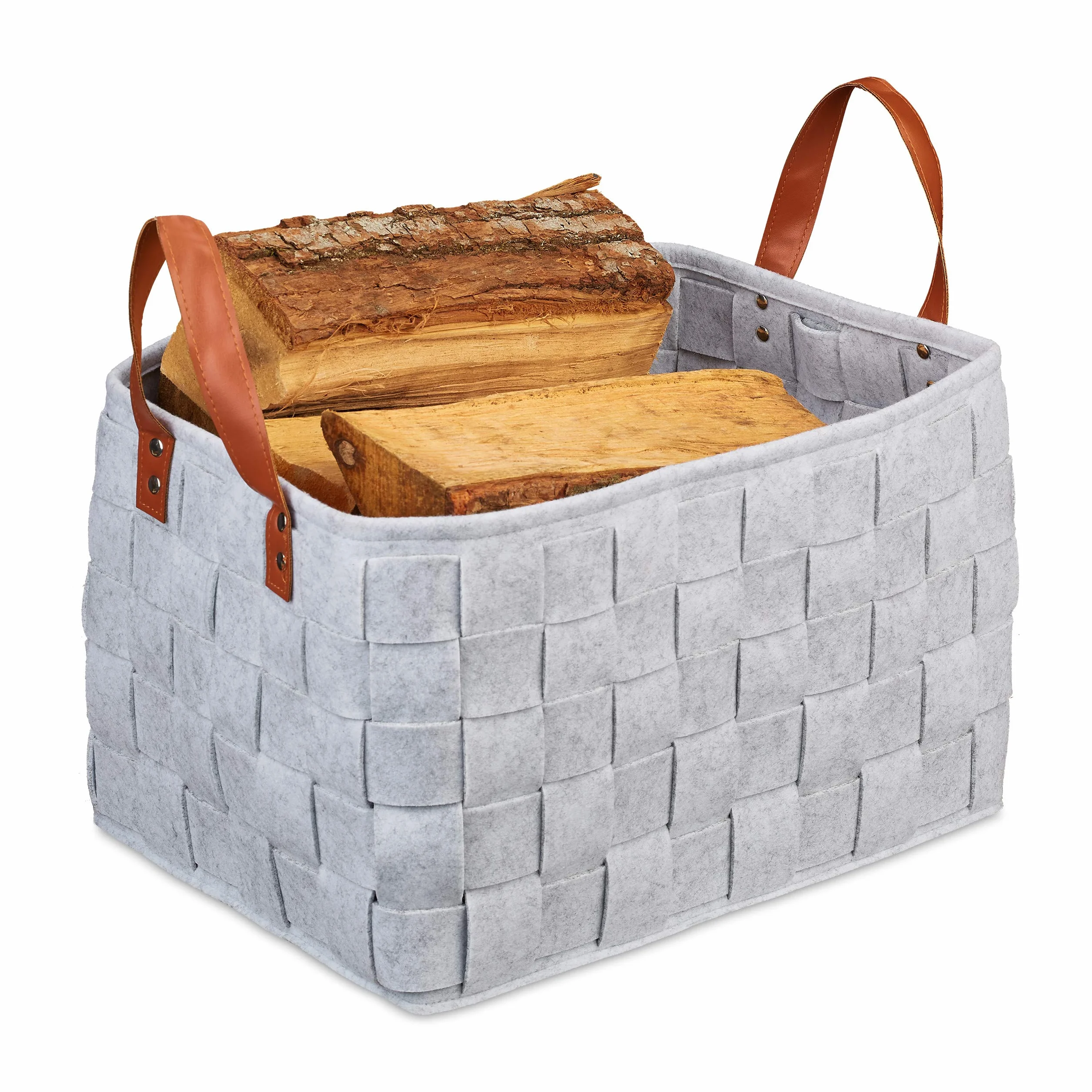 Relaxdays Borsa in Feltro, Cesta Ripiegabile Portariviste, Cesto con Manici HxLxP: 26 x 40 x 30 cm, grigio chiaro, PU, 1 pz