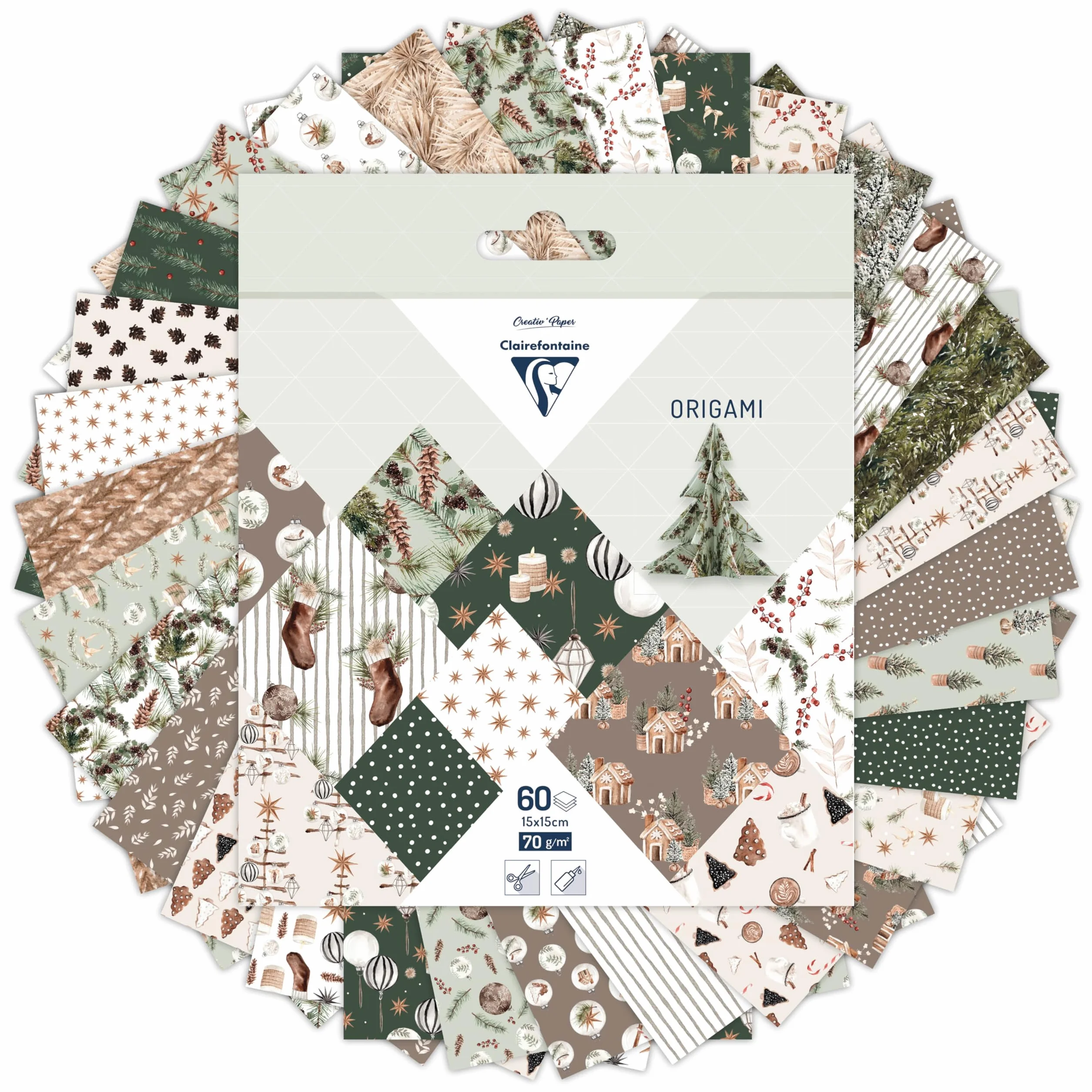 Clairefontaine 95638C - 60 fogli di carta Origami 70g/m² Collezione Natale Cosy, Formato 15x15cm, 30 motivi colorati assortiti (2 fogli per motivo), Hobby Creativi Bambini e adulti
