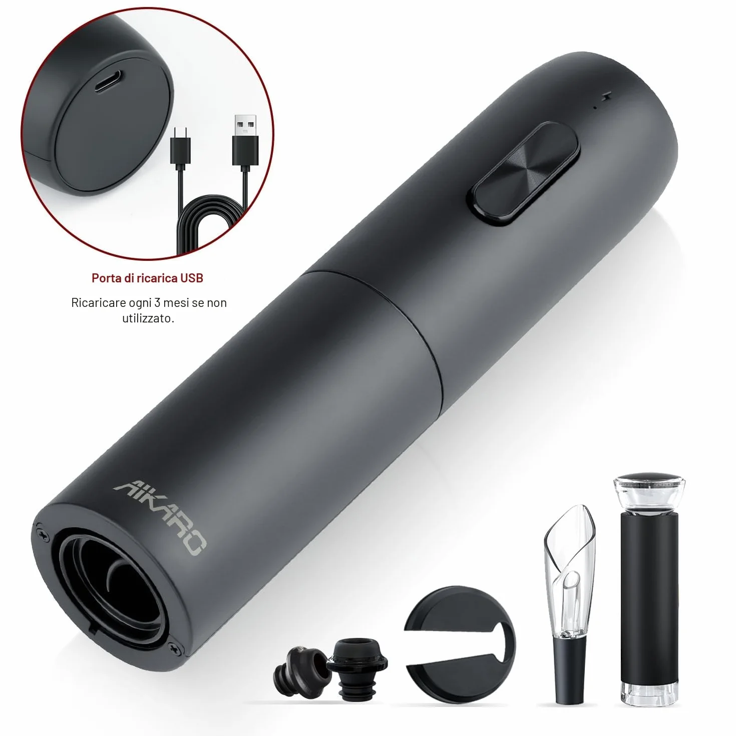 AIKARO - Cavatappi Elettrico Apribottiglie Elettronica Automatico per Vino, Ricaricabile (Set C)