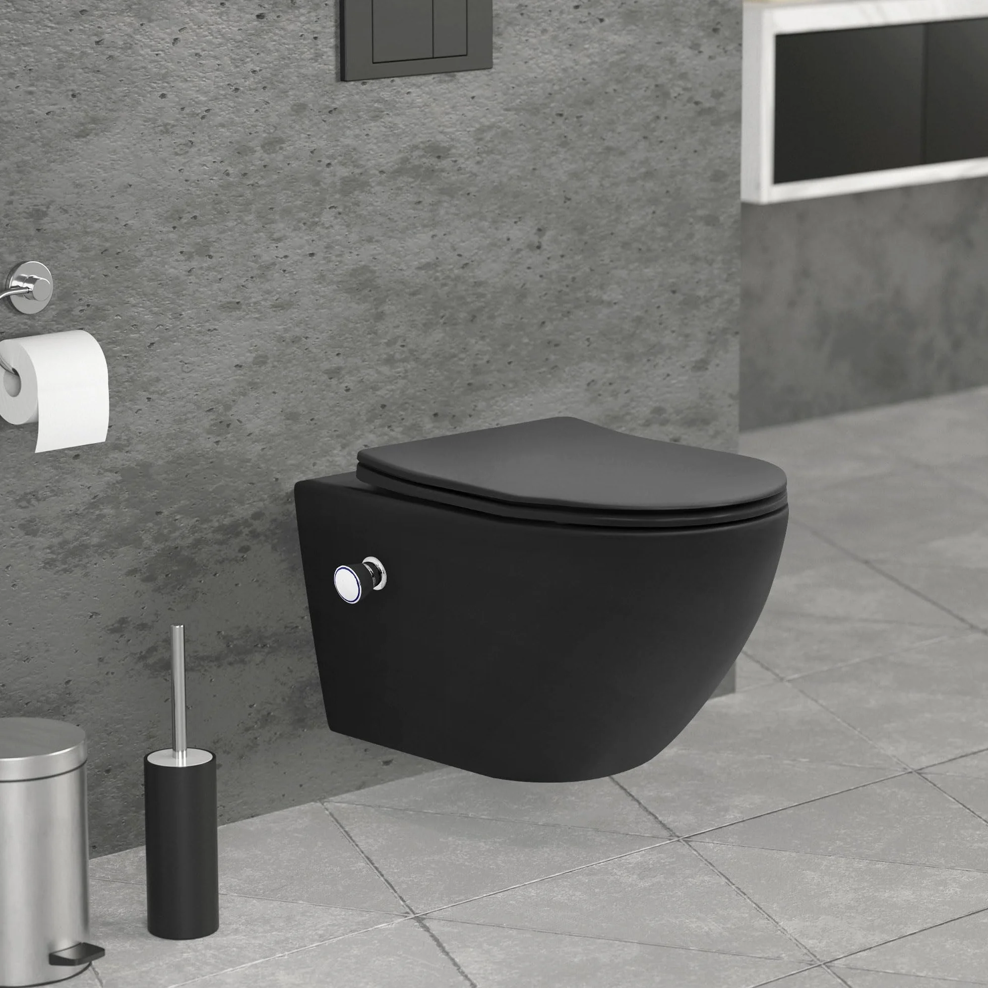 LuxeBath WC Sospeso Senza Bordo in Ceramica Nero Lungo 54 cm con Funzione Bidet Sedile Soft-Close in Duroplast Chiusura Ammortizzata Sciacquone Tornado Vaso Toilette Moderno con Materiale Montaggio