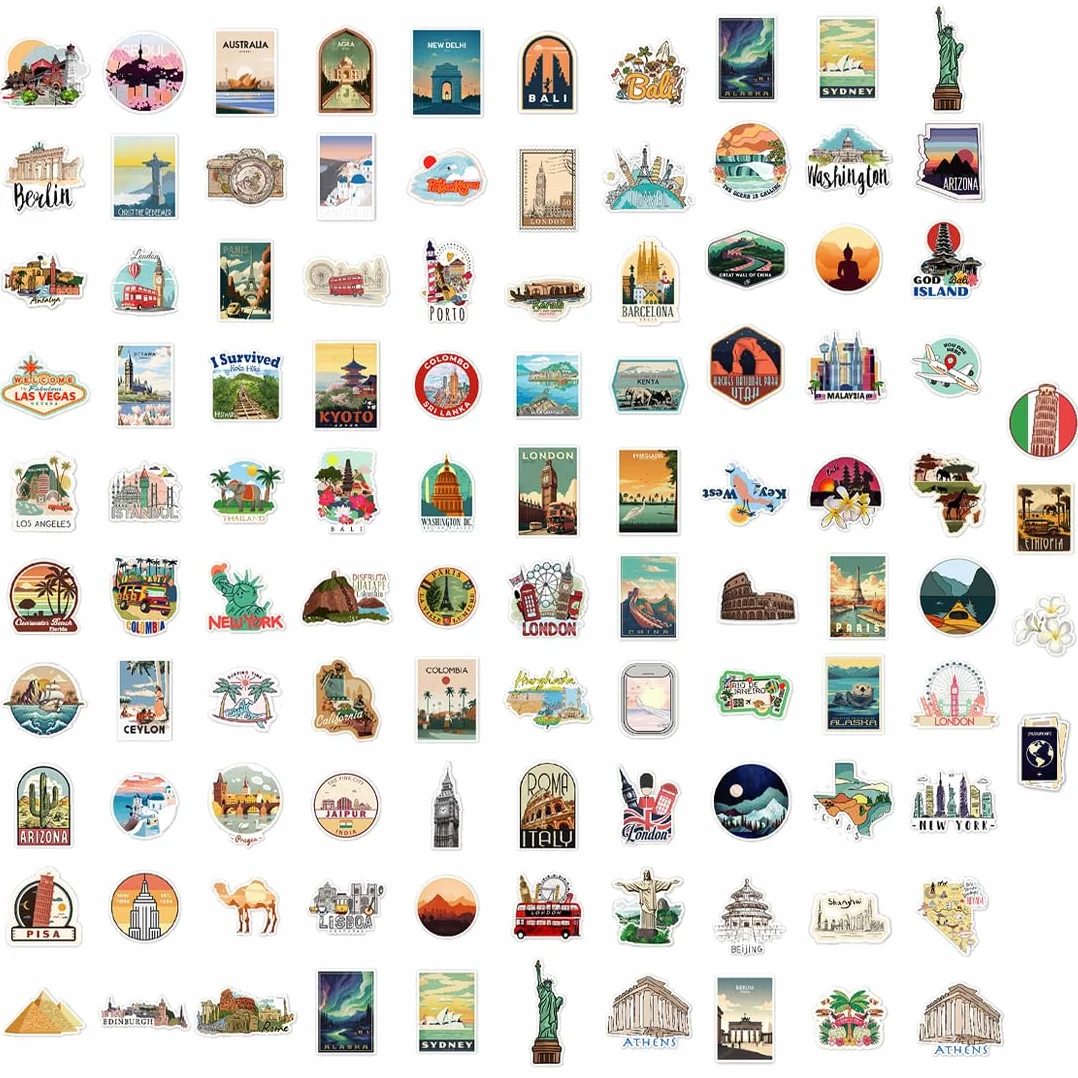 Set di 100 adesivi di famose città del mondo con attrazioni turistiche, in vinile, impermeabili Stickers Aesthetic per Diario di Viaggio da Compilare, Album scrapbooking stickers journaling