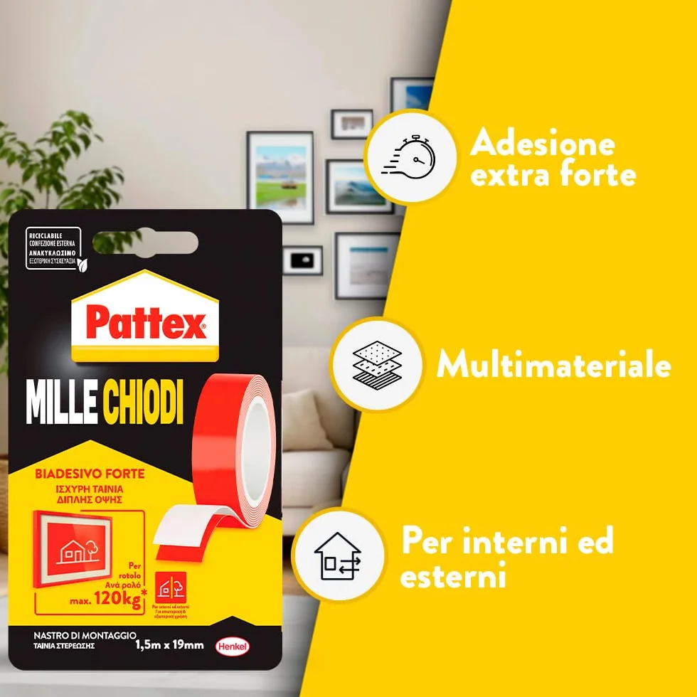 Pattex Millechiodi Tape, Nastro biadesivo extra forte per applicazioni permanenti, Nastro adesivo di montaggio per interni ed esterni, 19 mm x 1,5 m