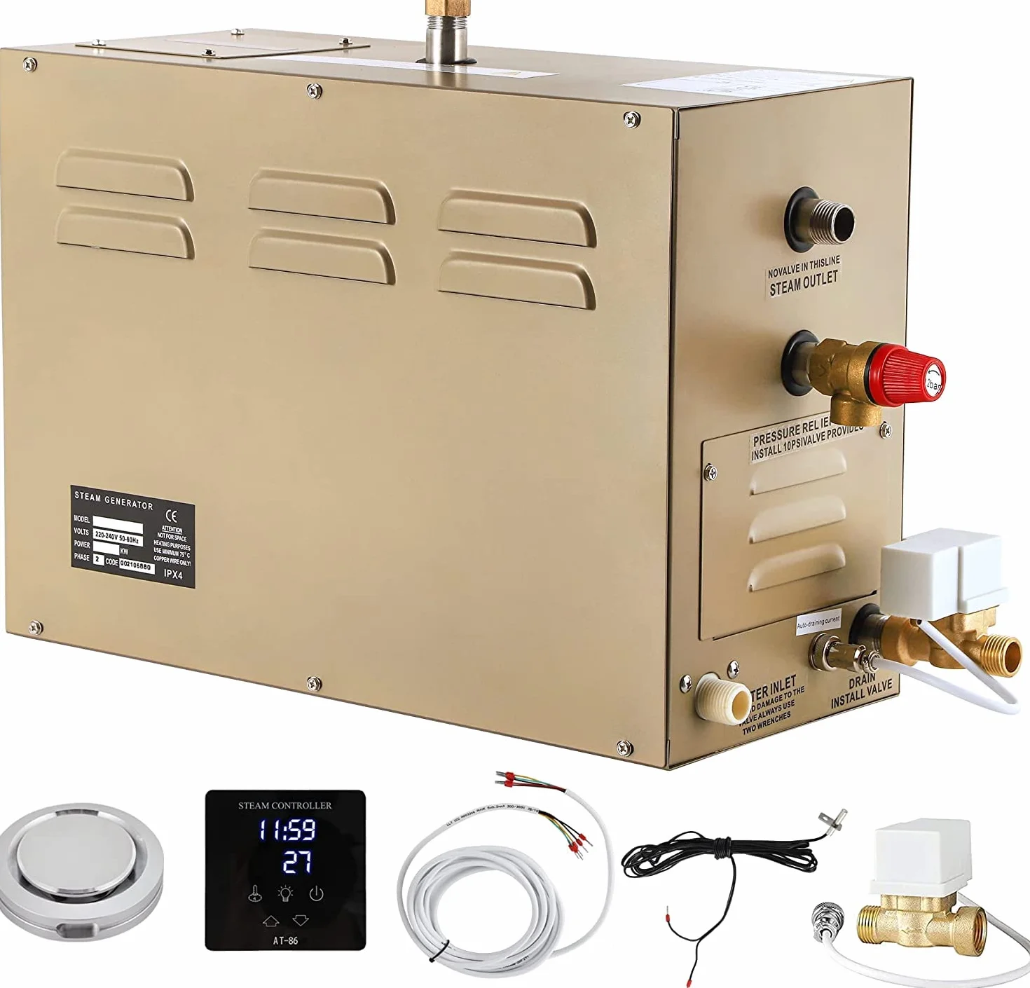 CGOLDENWALL 4.5KW Generatore a Vapore Sauna 220V, per Carsa Sauna/Doccia/Bagno Turco/Spa, con Sistema Drenaggio Automatico, Controller Touch Intelligente 25-55℃ per 3-4.5m³ Riscaldamento Spazio