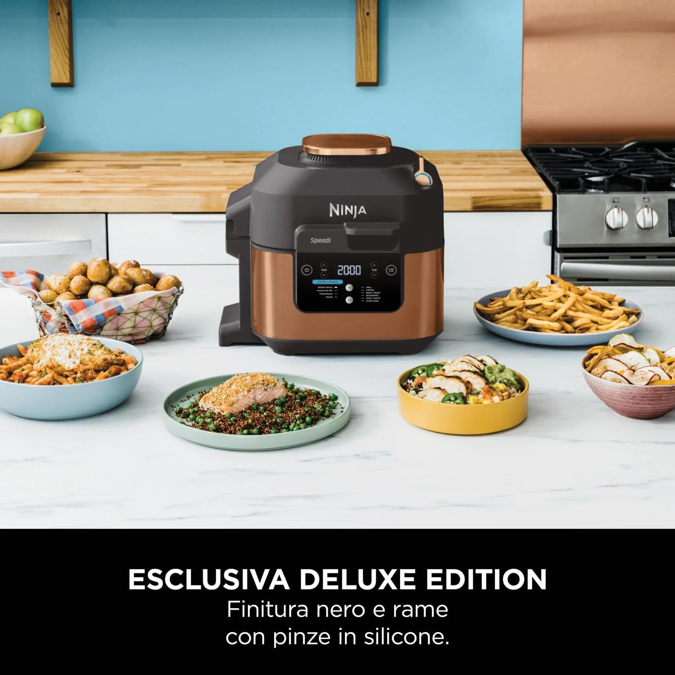 Ninja Speedi Pentola Elettrica Rapida 10 in 1, Friggitrice ad Aria, 5,7 l, Pasti per 4 in 15 Minuti, Frittura ad Aria e Cottura al Vapore, Nero/Rame, ON400EUCP