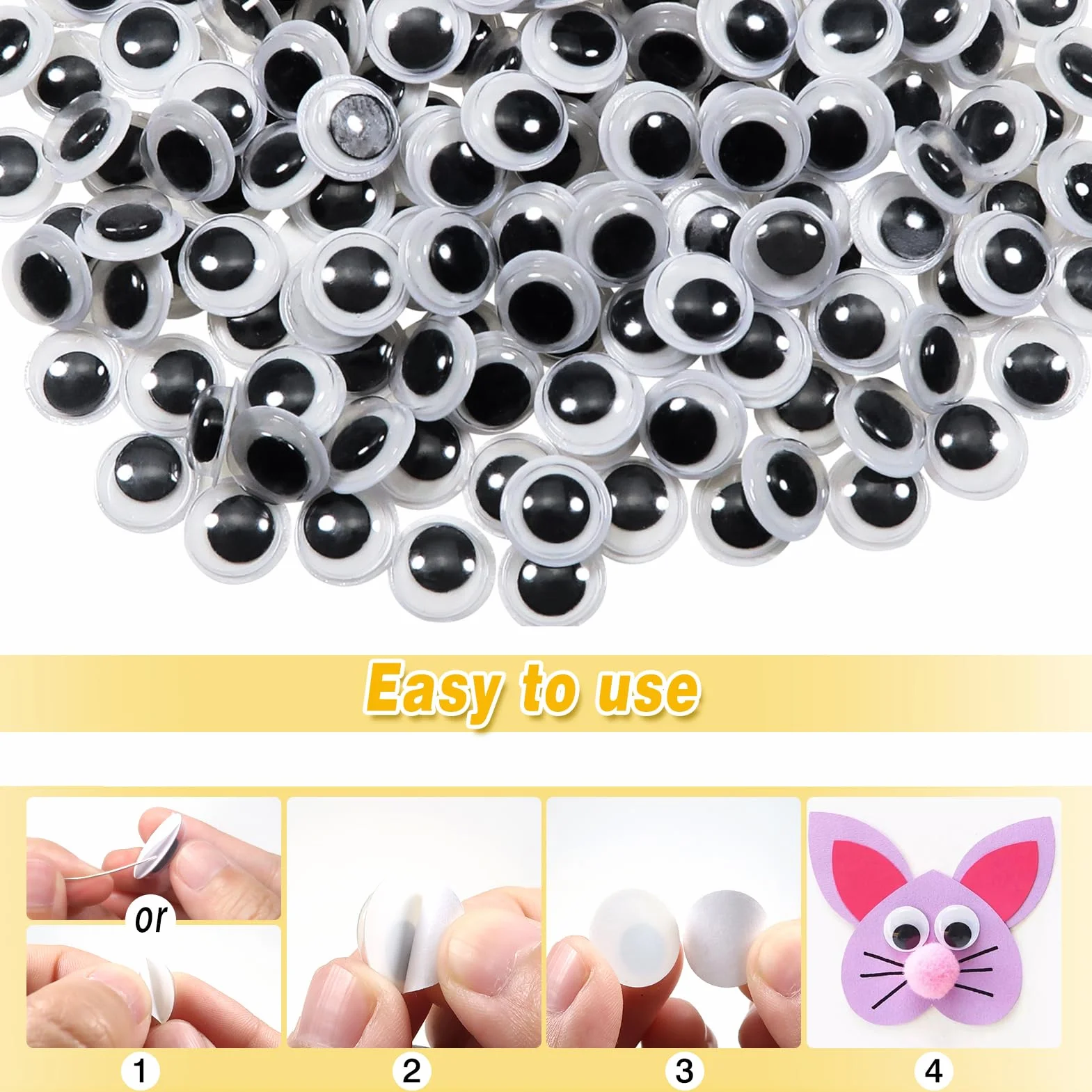 TOAOB 300 Pezzi Occhi Adesivi 10mm Rotondo Plastica Mobili Autoadesivi Wiggle Finti Occhietti per Lavoretti Fai da Te Scrapbooking Artigianato Bambole Pupazzi Accessori Bianco Nero