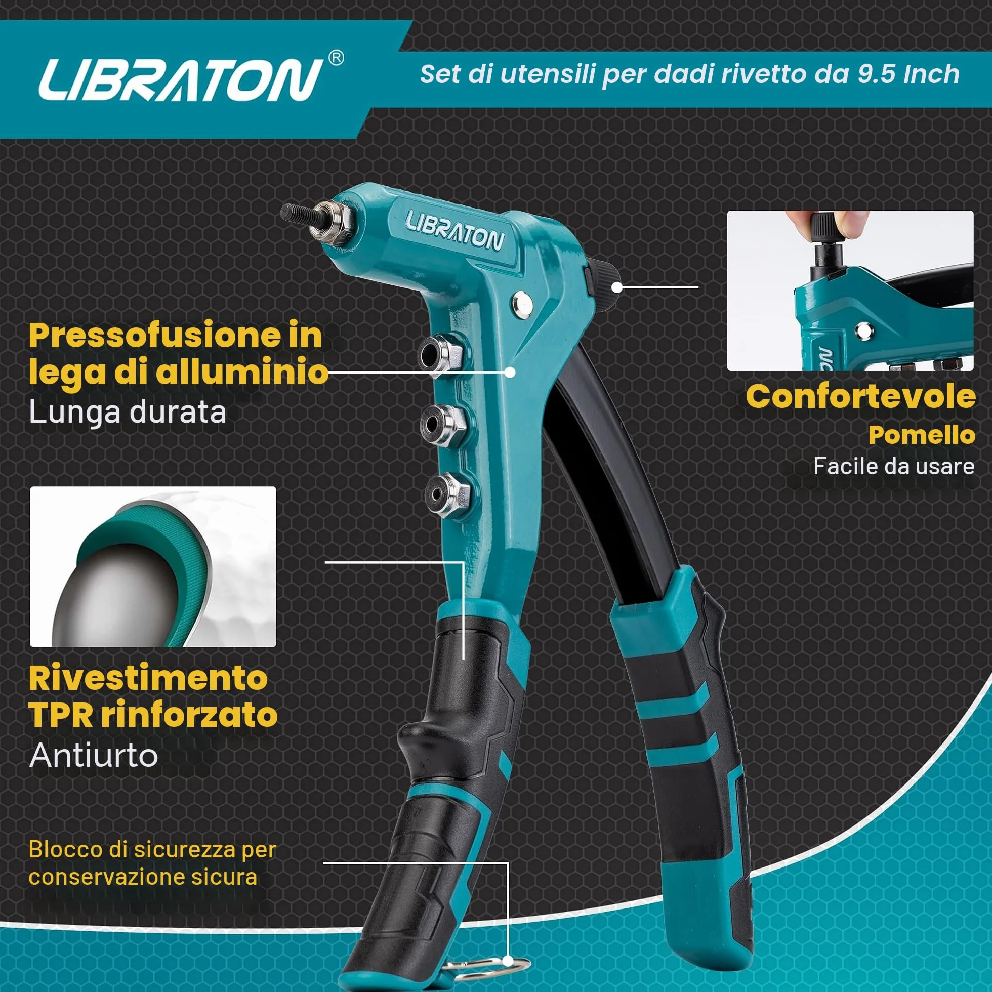 Libraton Dado Rivettatrice Professionale 9,5", Pistola Rivetti Inserti Filettati, Pinza Manuale Rivetti Dadi, 40pz Dadi M3 M4 M5 M6
