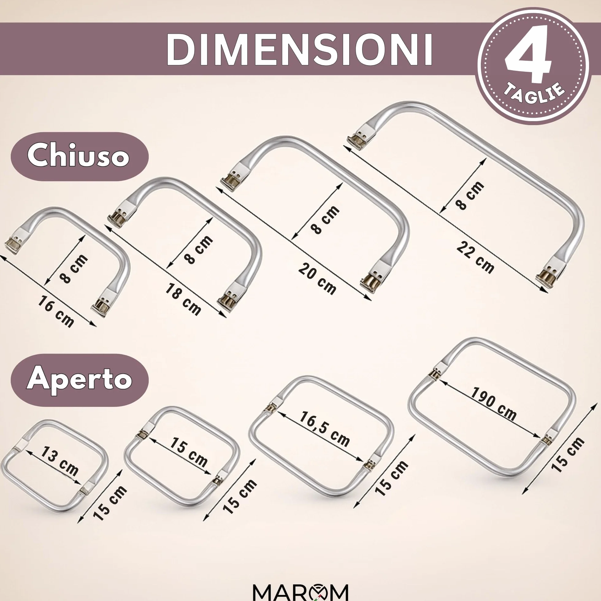 MAROM - Chiusura Borsa Uncinetto A Molla in Alluminio, 4 Manici per Borse Uncinetto Fai da Te 16cm, 18cm, 20cm e 22cm + EBOOK in Omaggio sulla Creazione della Tua Clutch Bag