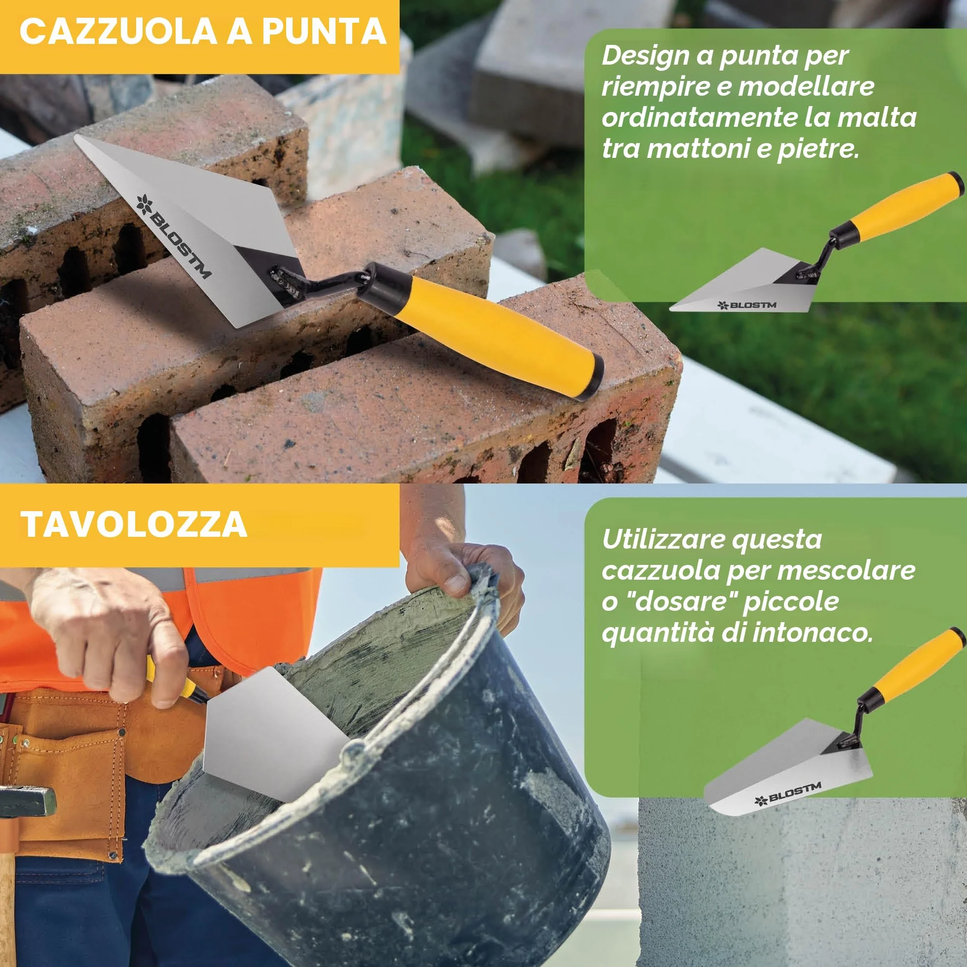BLOSTM Set di 5 cazzuole per mattoni, cazzuola, cazzuola per misurazione, cazzuola per mattoni, cazzuola per intonacatura – realizzato in resistente acciaio al carbonio – (5 pezzi)