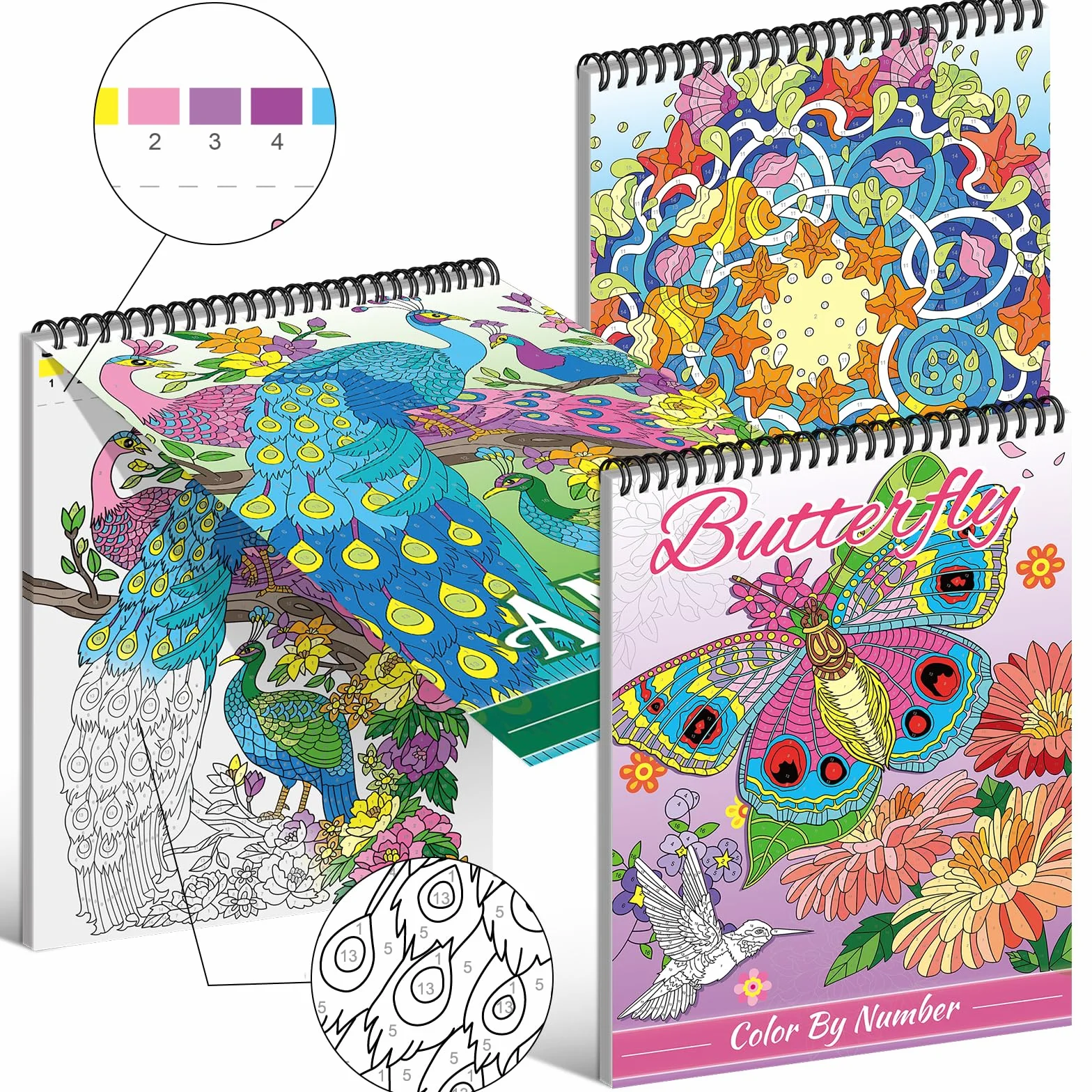 Kalysky 3 libri da colorare con i numeri adulti, libri da colorare per adulti temi-farfalla, animale, fiore,sollievo dello stress, Hobby creativi