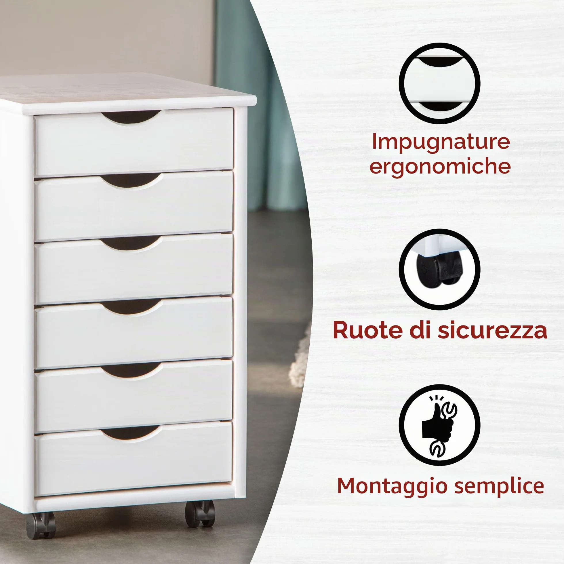 Inter Link - Piedistallo mobile - Piedistallo mobile con 6 cassetti - Piedistallo per ufficio - Mobile - Carrello mobile - Cassettiera - Legno di pino massiccio - Laccato bianco - 35 x 40 x 65 cm - Simon