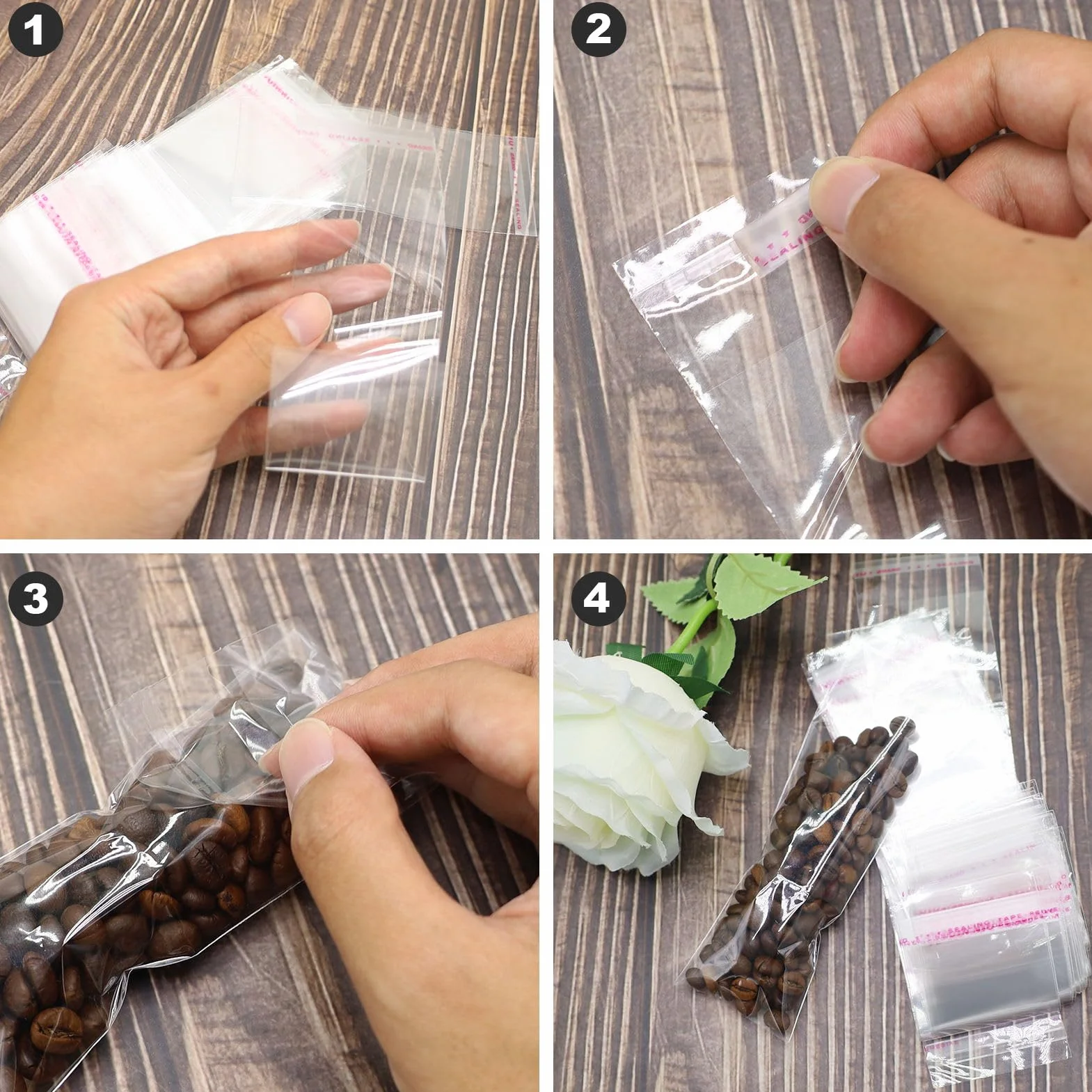 100 pezzi, 5 x 18 cm, sacchetto di cellophane autoadesivo, chiusura autoadesiva, sacchetto di plastica trasparente, sacchetto di cellophane per collana, penna, pennello per labbra, cucchiaino da caffè