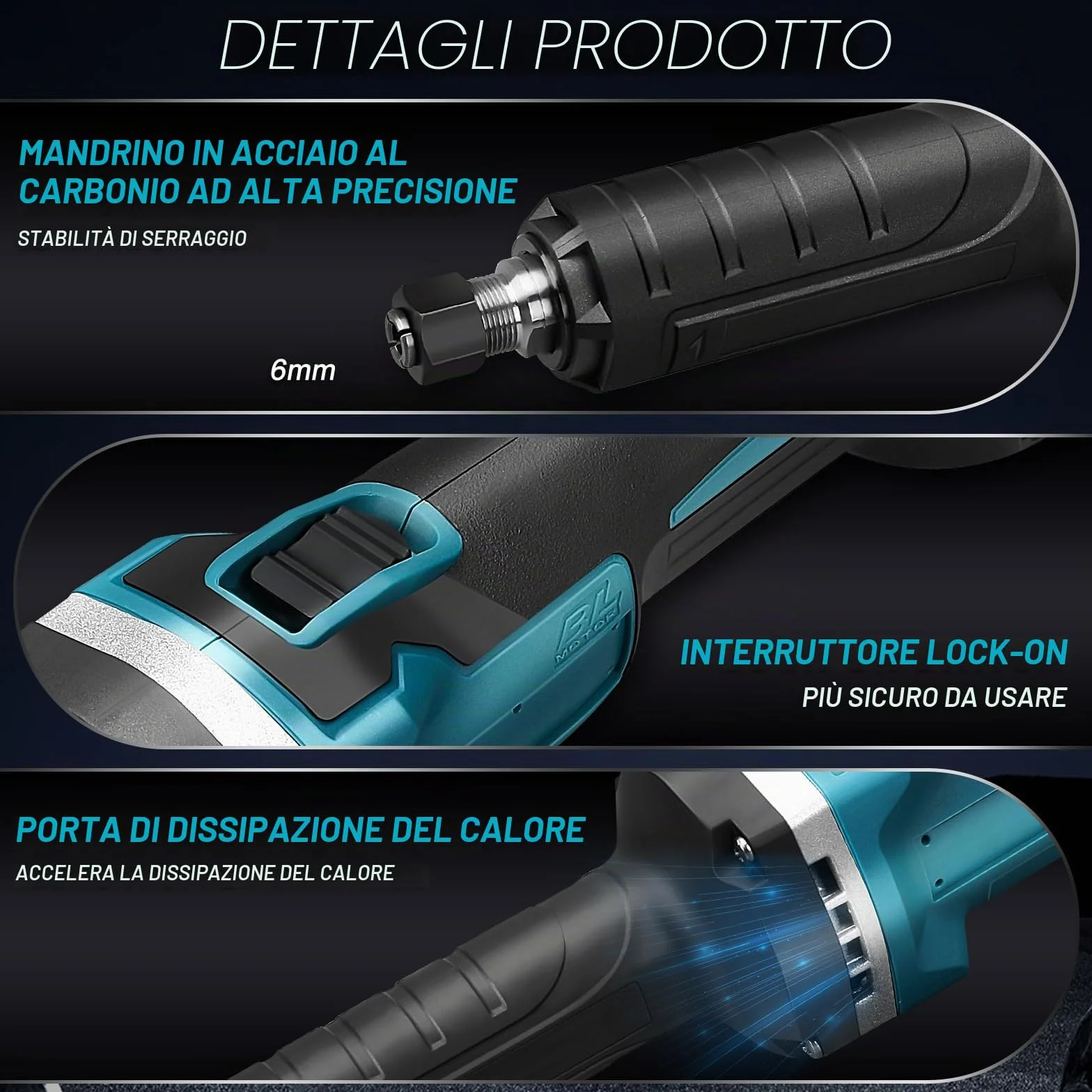 Smerigliatrice Dritta a Batteria Makita 18V, Senza Spazzole, Mandrino da 6 mm e 4 Velocità Variabili (Senza Batteria)