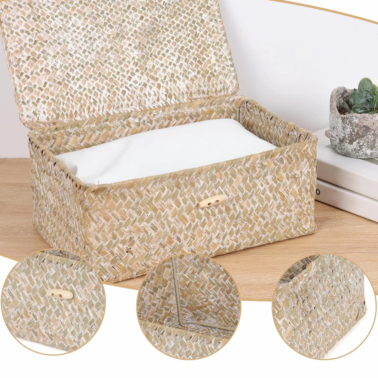 Cesto Portaoggetti in Rattan Intrecciato Rettangolare con Coperchio, Organizer Multifunzionale per Trucchi e Abbigliamento (M, Bianco)