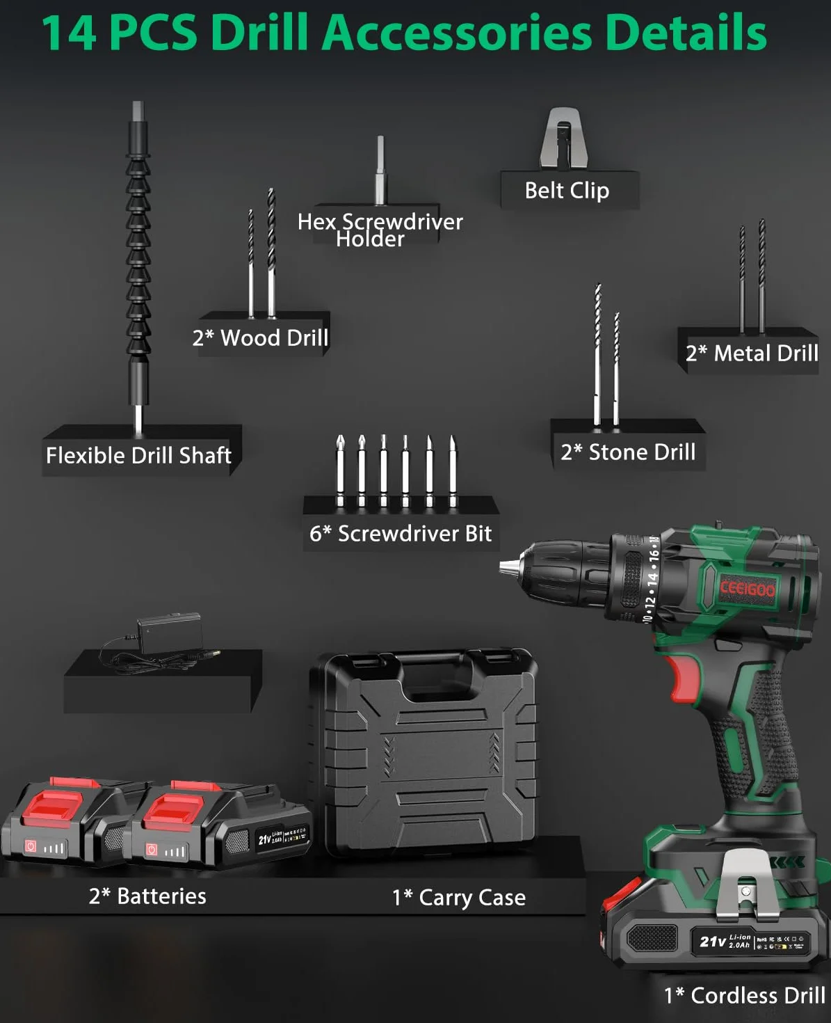 Trapano Avvitatore Batteria Brushless 21V, CEEIGOO Avvitatore a Batteria con 2 Batterie da 2.0Ah, 42N.m di Coppia, 2 Velocità, 18+1 Coppia, 14 Accessori, Luce a LED, Per il fai da te