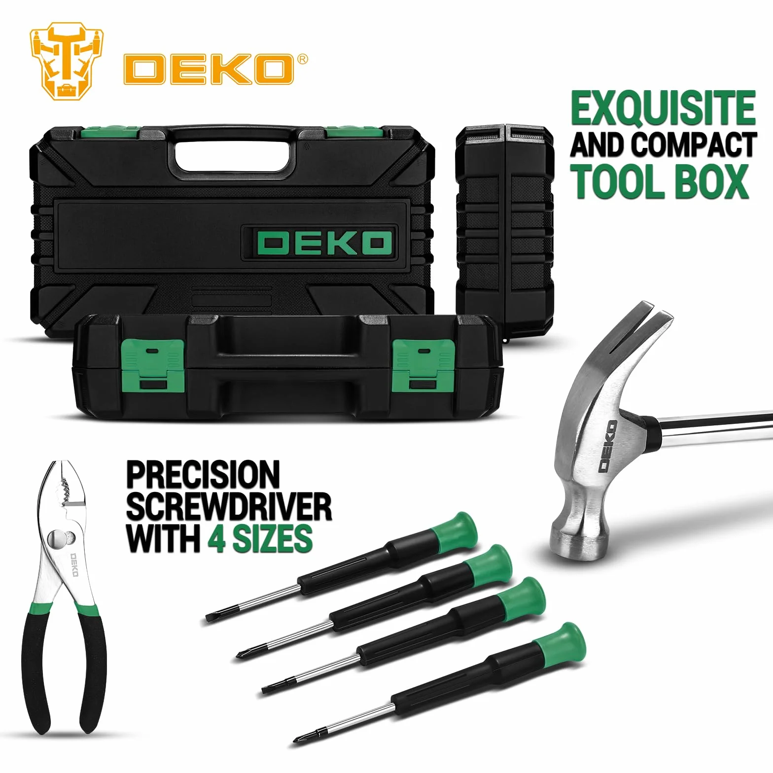 DEKOPRO TZ62 Set da 62 pezzi Utensili manuali per casa con custodia plastica Verde