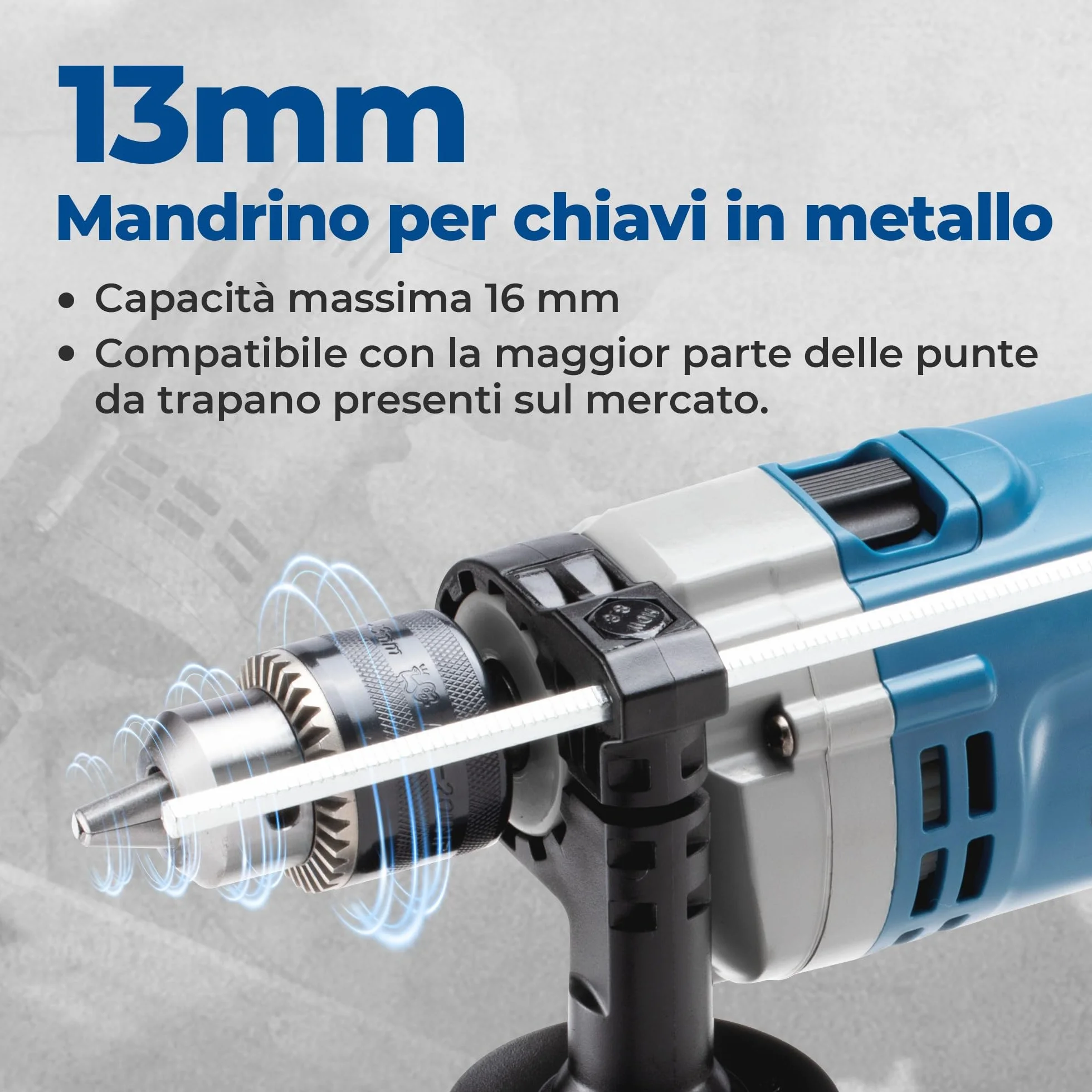 DongCheng Trapano a percussione 710W, trapano 2-in-1, mandrino da 13mm, 45.000 IPM, 3000 RPM, manico girevole a 360°, con 15 punte per metallo, legno e mattoni