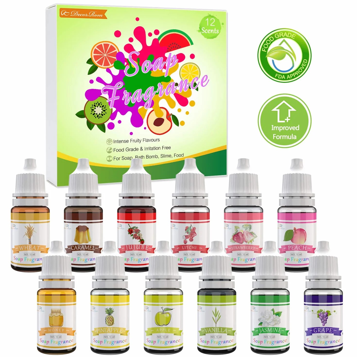 Oli Profumati per Sapone - 12 Oli Liquidi per Bomba da Bagno, Slime Fai da Te - Profumi Concentrati di Grado Alimentare per Cosmetici, Arte, Artigianato, Oli Essenziali - Flaconi di 10ml