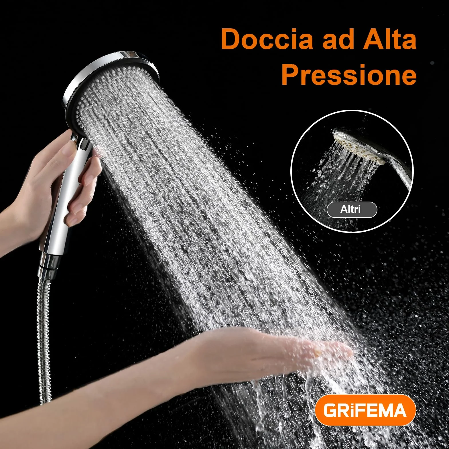GRIFEMA Soffione Doccia Alta Pressione – 3 Modalità di Spruzzo, 216 Ugelli in Silicone Anticalcare, Design Leggero, Finitura Cromata, Universale e Facile da Installare, G807