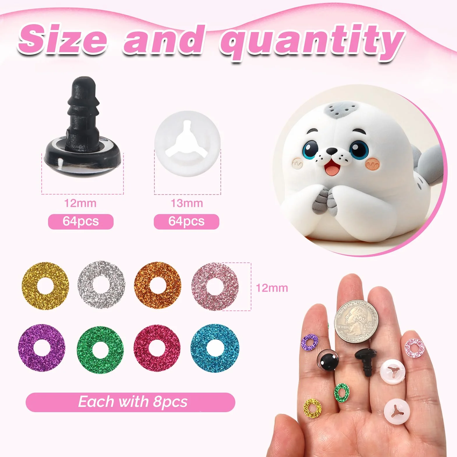 TOAOB 64 Pezzi Occhi di Sicurezza per Amigurumis 12 mm Colorati Glitter Occhi in Plastica con Rondelle per Bambole Animali Peluche