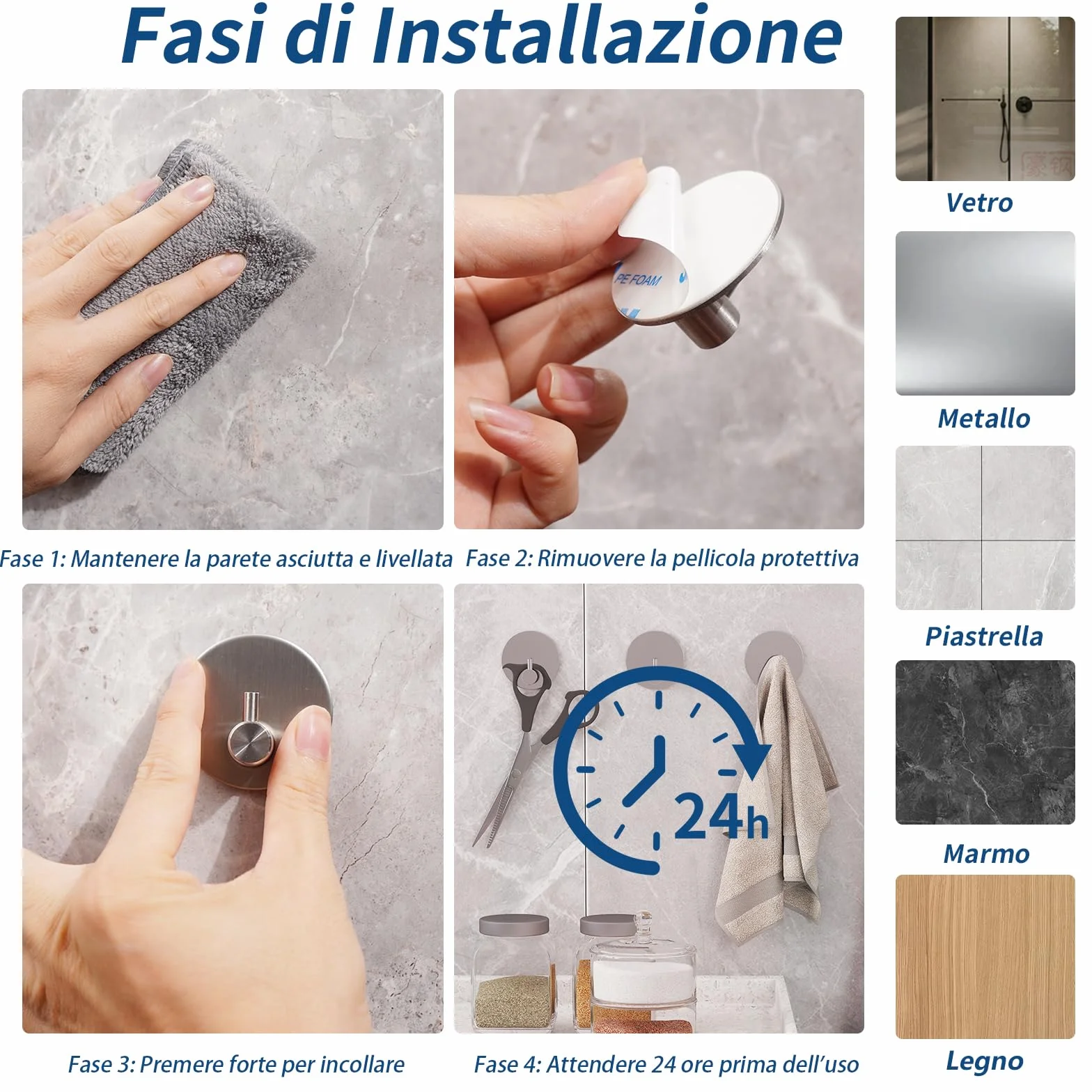 Ganci Adesivi Cucina Bagno Appendiabiti Forte Senza Foratura Argento 8 Pezzi