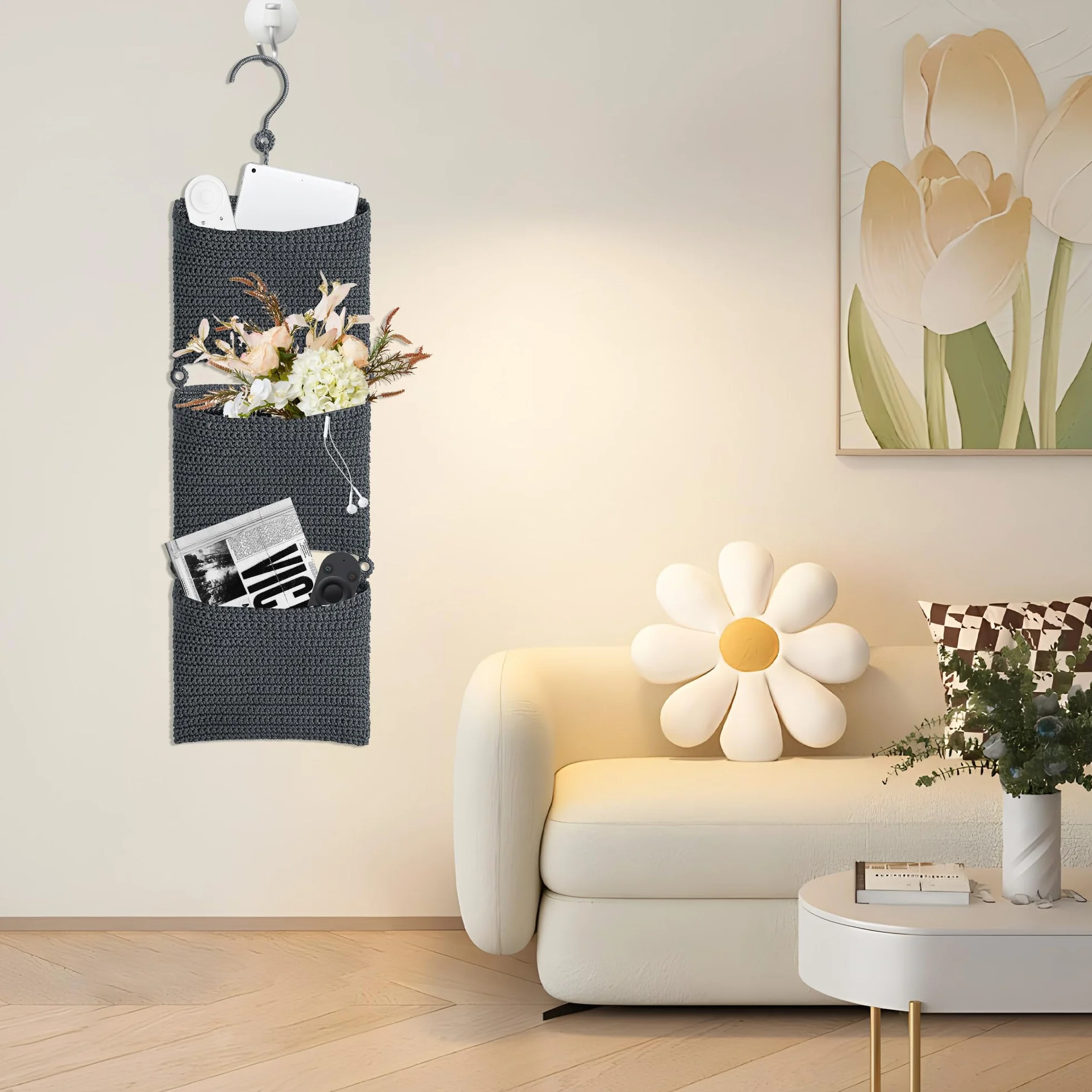 Cestino da parete a 3 ripiani con ganci per riviste, organizer decorativo, decorazione per cameretta dei bambini, soggiorno, camera da letto, bagno, grigio