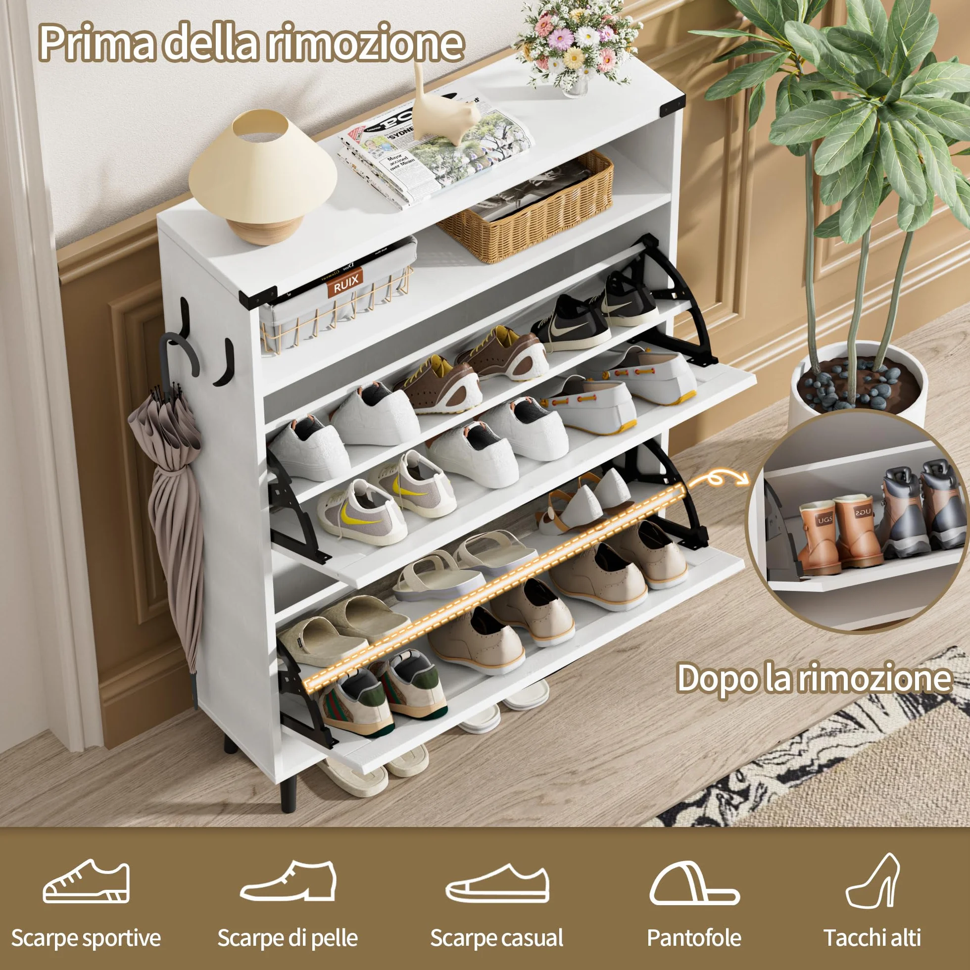 BonVache Scarpiera stretta, scarpiera con 2 ante, scarpiera ribaltabile con 4 ripiani, mobile per scarpe con spazio aperto, portascarpe in legno, 80x24x113,5 cm, bianco