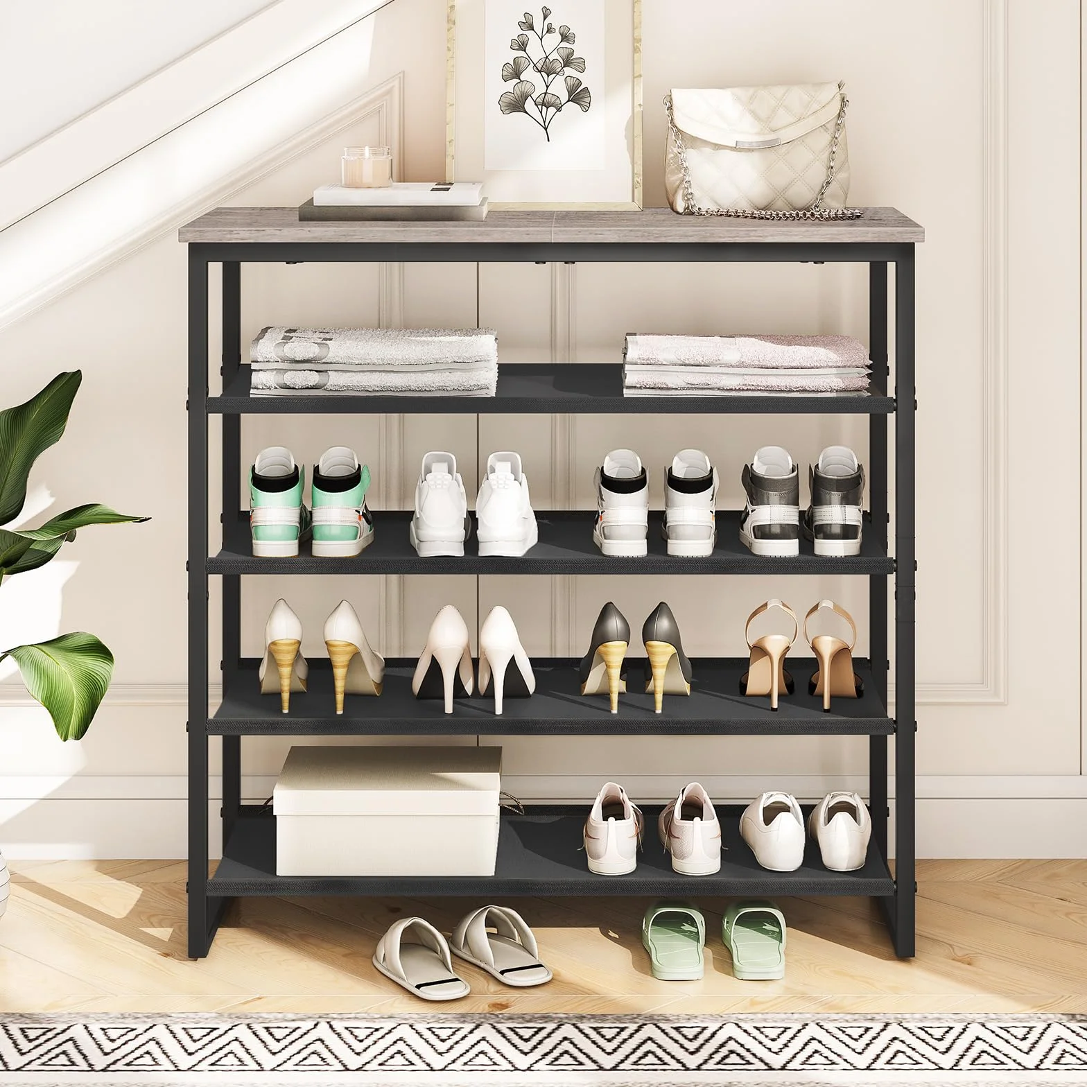 HOOBRO Scarpiera a 5 Ripiani, Scaffale Portascarpe, Organizzatore per 16-20 Paia di Scarpe con 4 Ripiani in Tessuto Oxford e Piano, per Ingresso e Armadio, Stile Industriale, Grigio Talpa EBG50XJ01